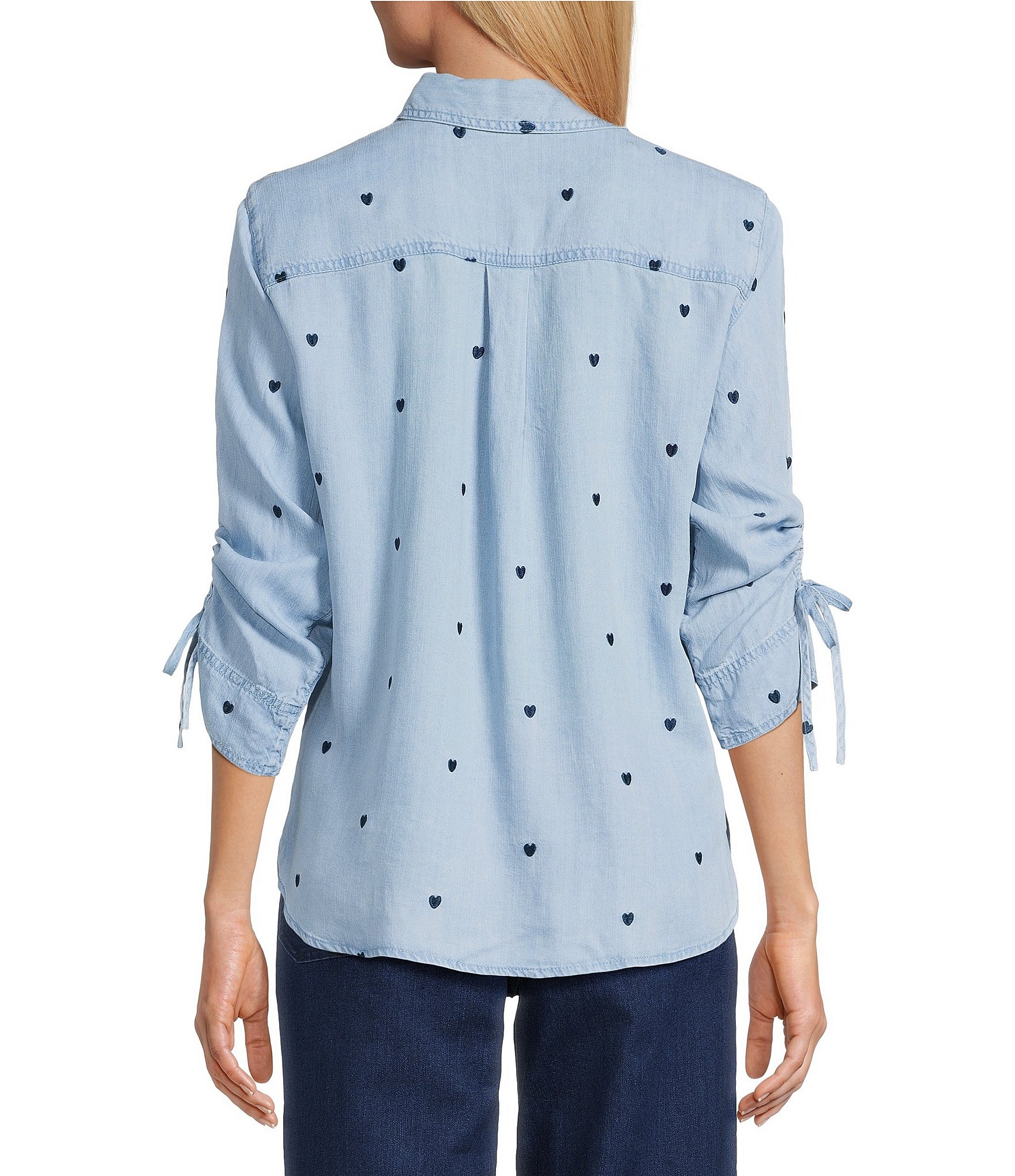 John Mark Embroidered Point Collar 3/4 Cinched Tie Sleeve Button Front Blouse