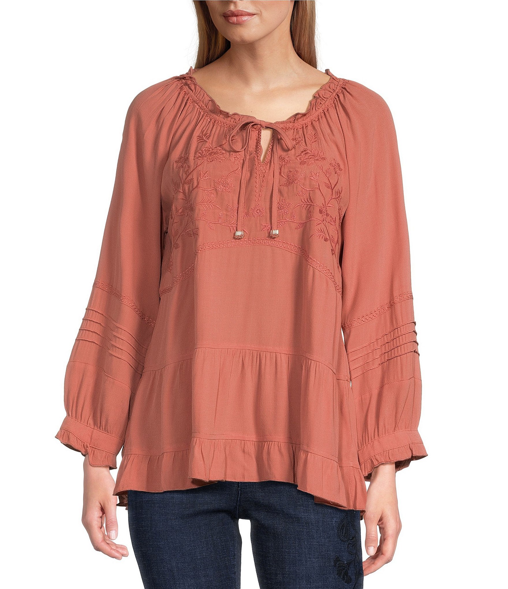 John Mark Embroidered Round Neck 3/4 Sleeve Tiered Top