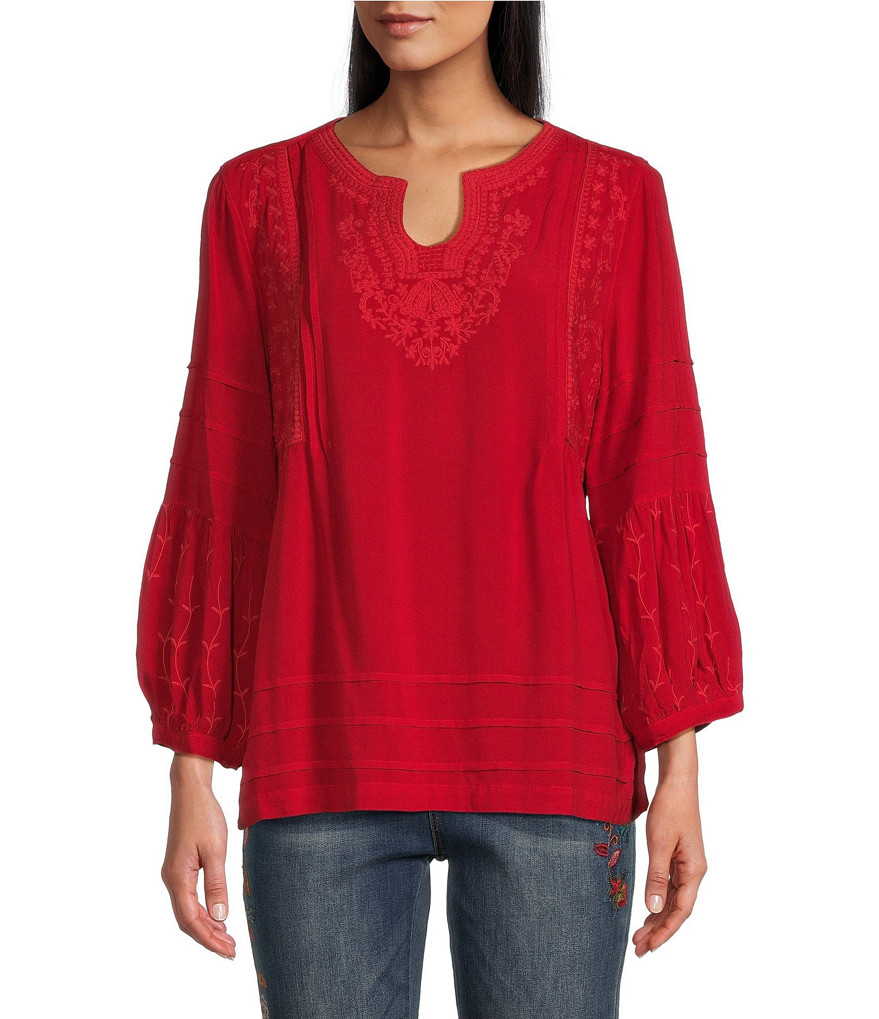 ランキング2025 Split Embroidered Mark John Round Top Tunic Sleeve 3/4 Neck トップス