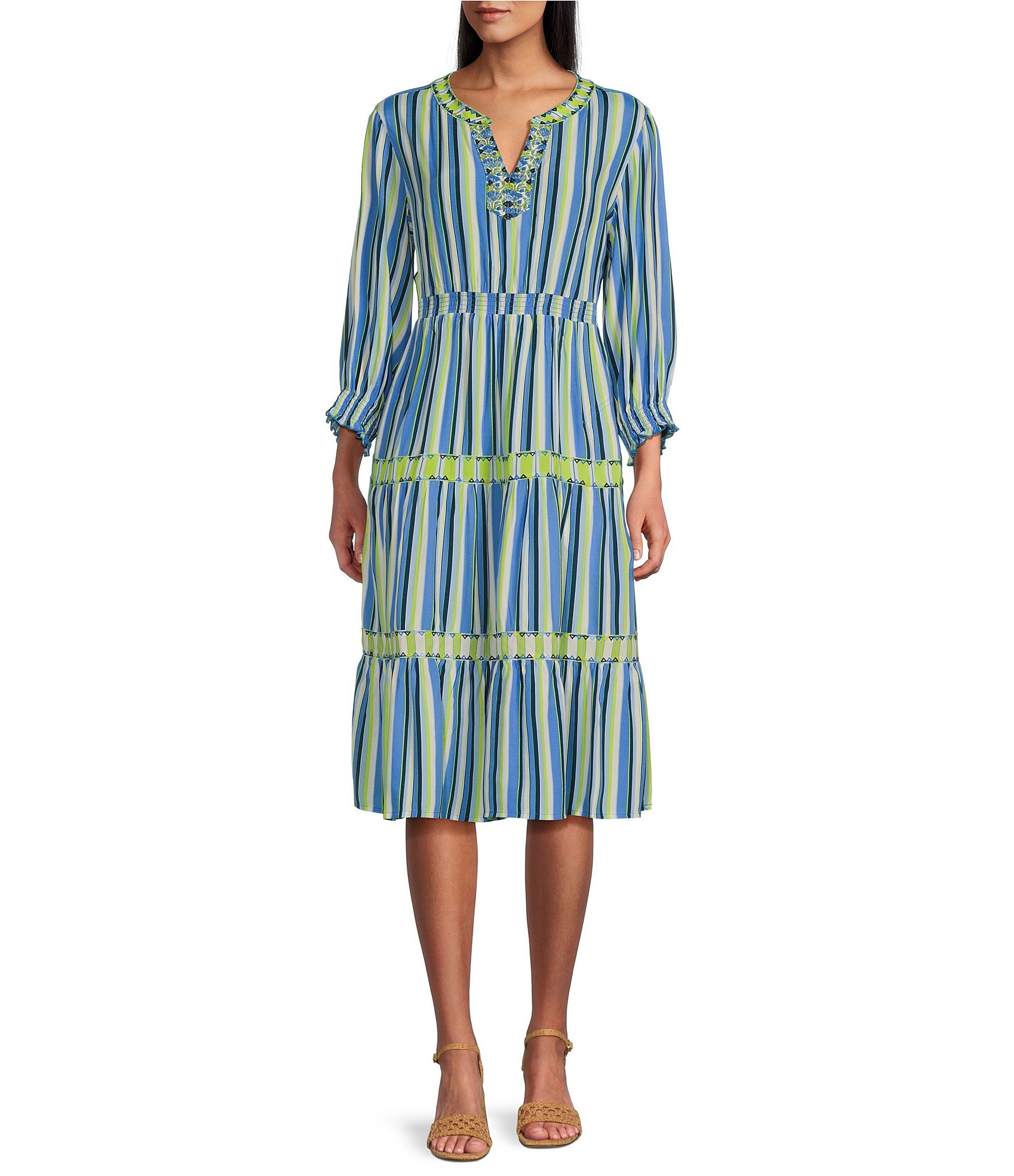 John Mark Embroidered Stripe V-Neck Long Ruffle Sleeve Tiered Popover Midi Dress