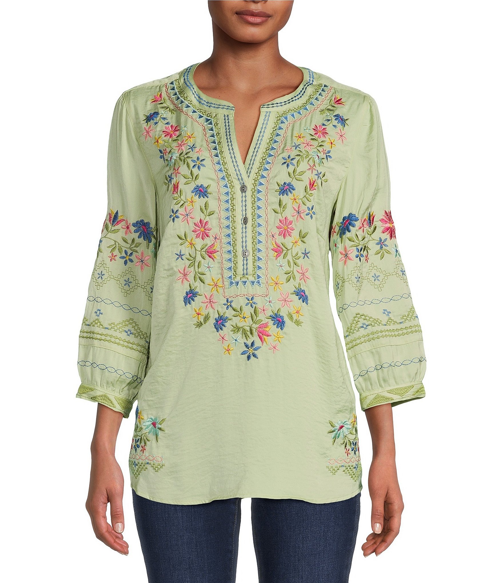 John Mark Embroidered Y-Neck 3/4 Sleeve Printed Back Tunic | Dillard's