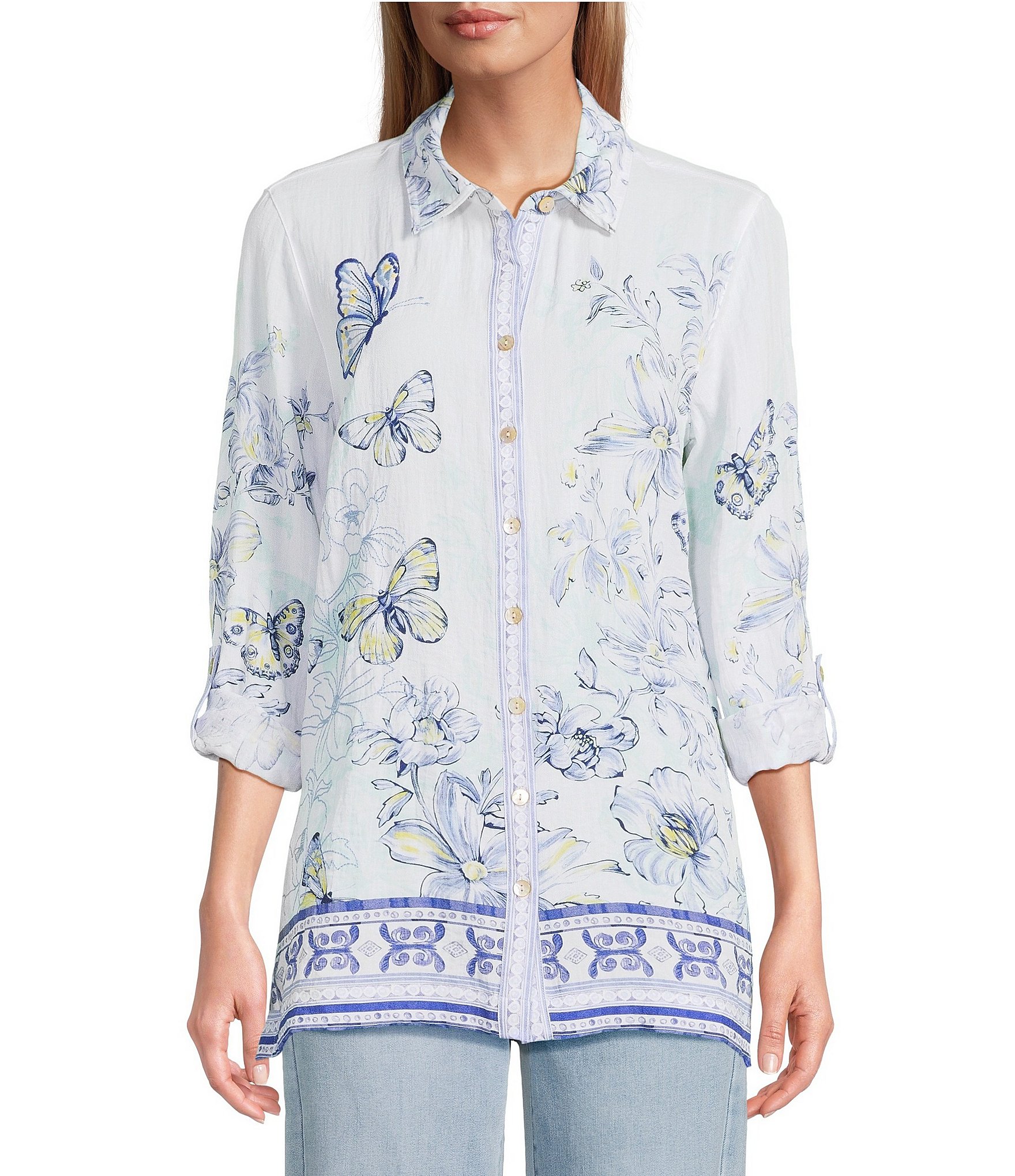 John Mark Floral Butterfly Border Print Point Collar Long Roll-Tab Sleeve Button Front Blouse