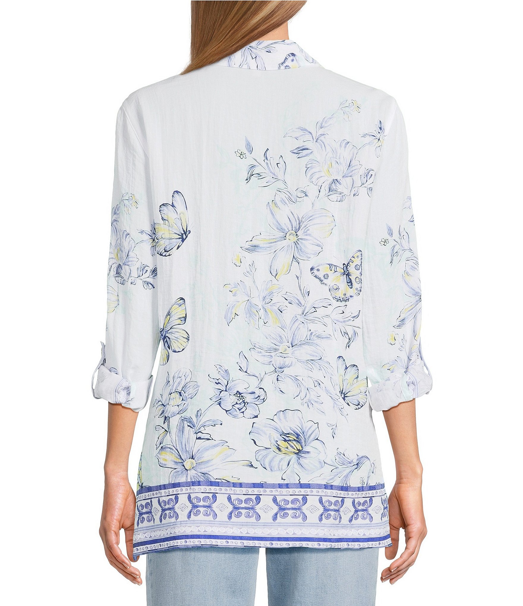 John Mark Floral Butterfly Border Print Point Collar Long Roll-Tab Sleeve Button Front Blouse