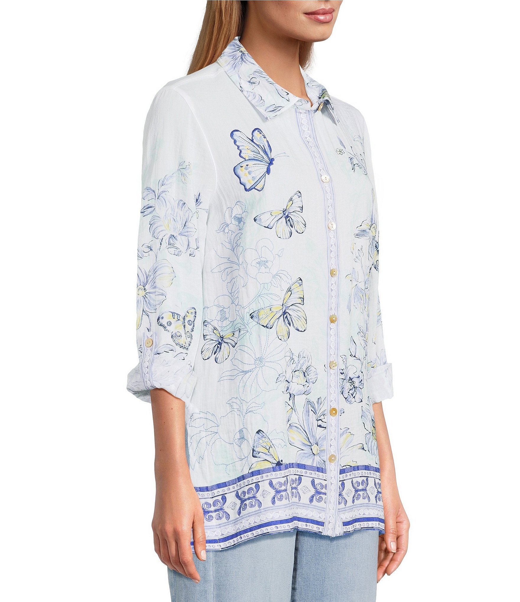 John Mark Floral Butterfly Border Print Point Collar Long Roll-Tab Sleeve Button Front Blouse