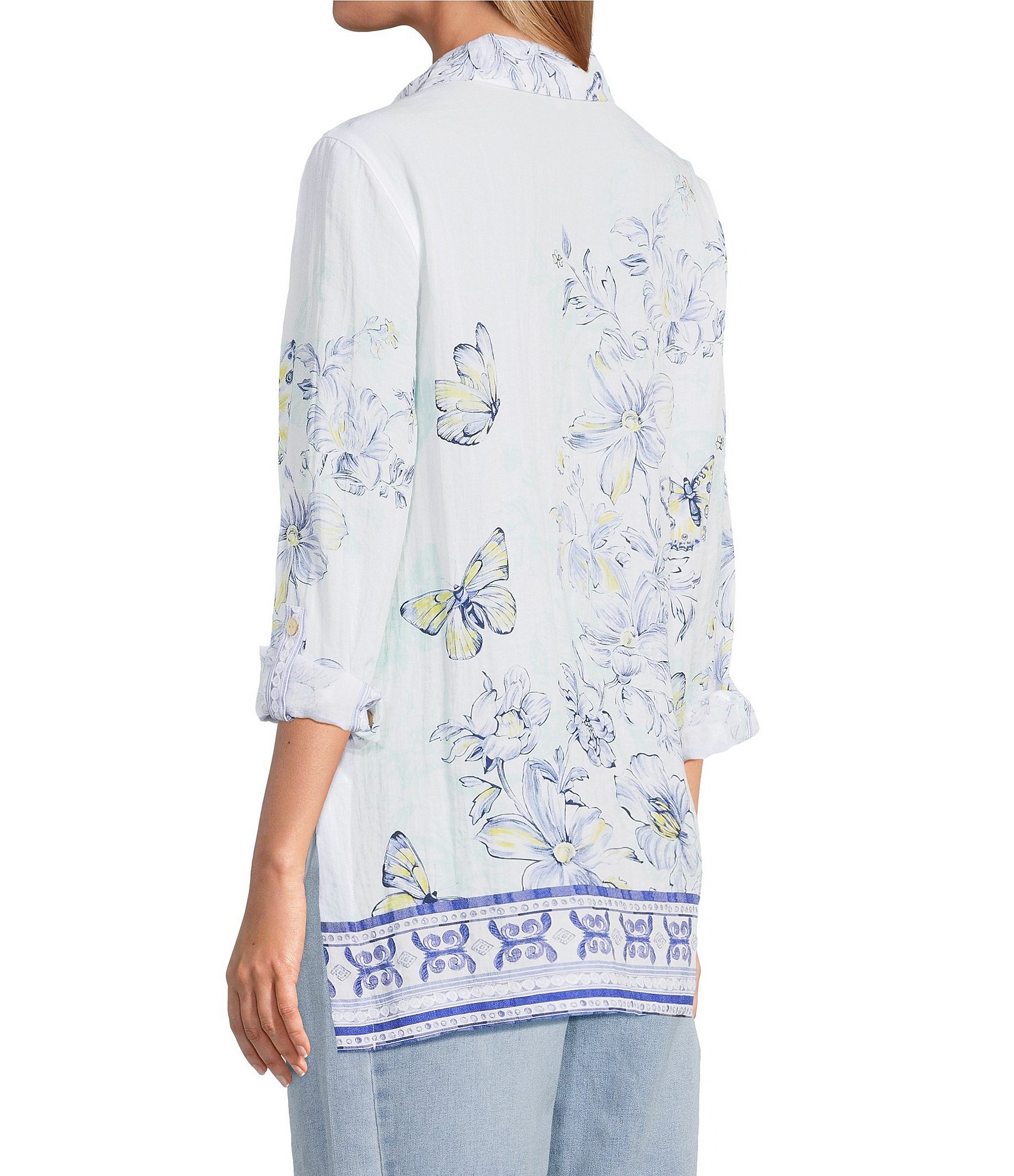 John Mark Floral Butterfly Border Print Point Collar Long Roll-Tab Sleeve Button Front Blouse