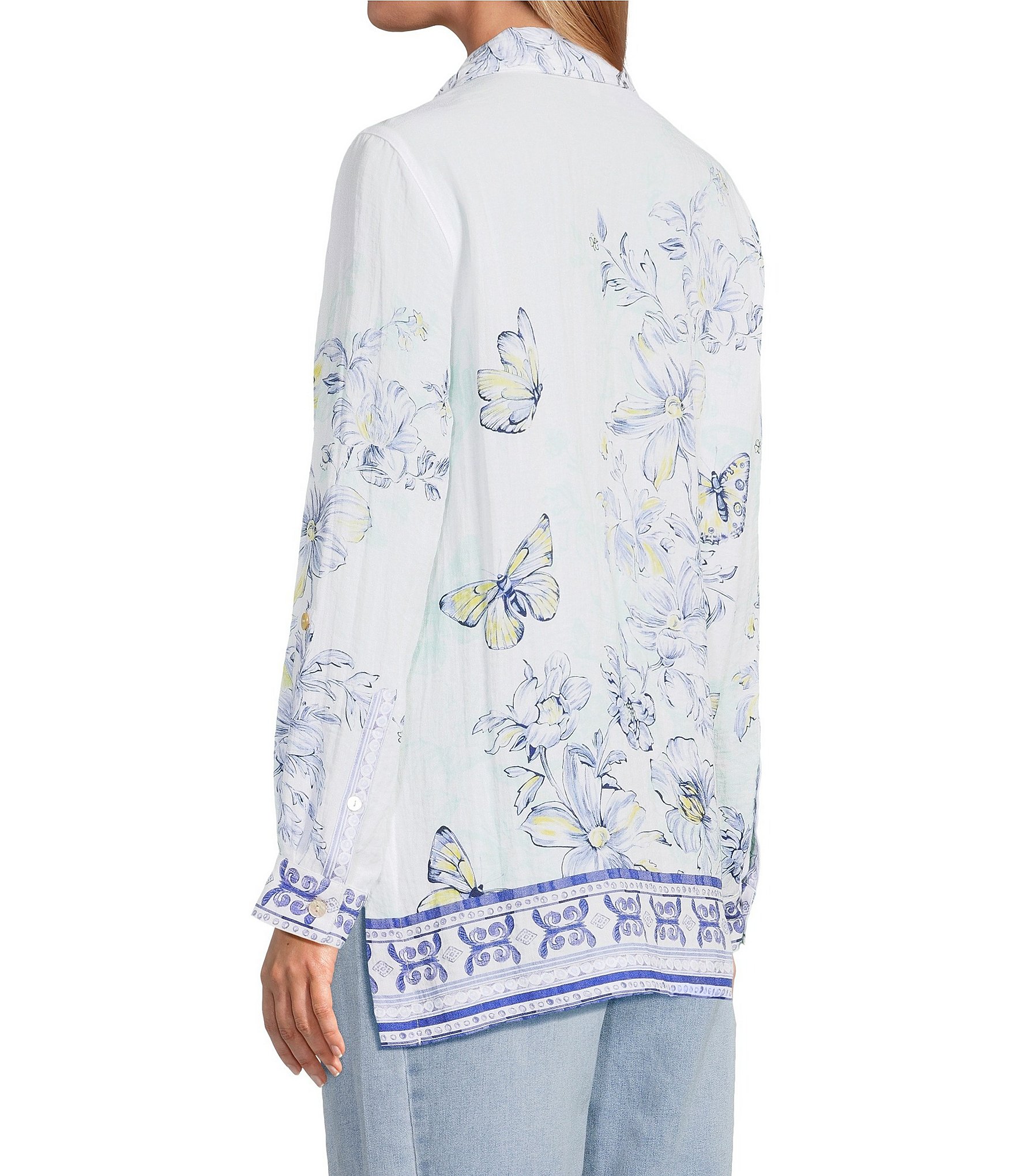 John Mark Floral Butterfly Border Print Point Collar Long Roll-Tab Sleeve Button Front Blouse