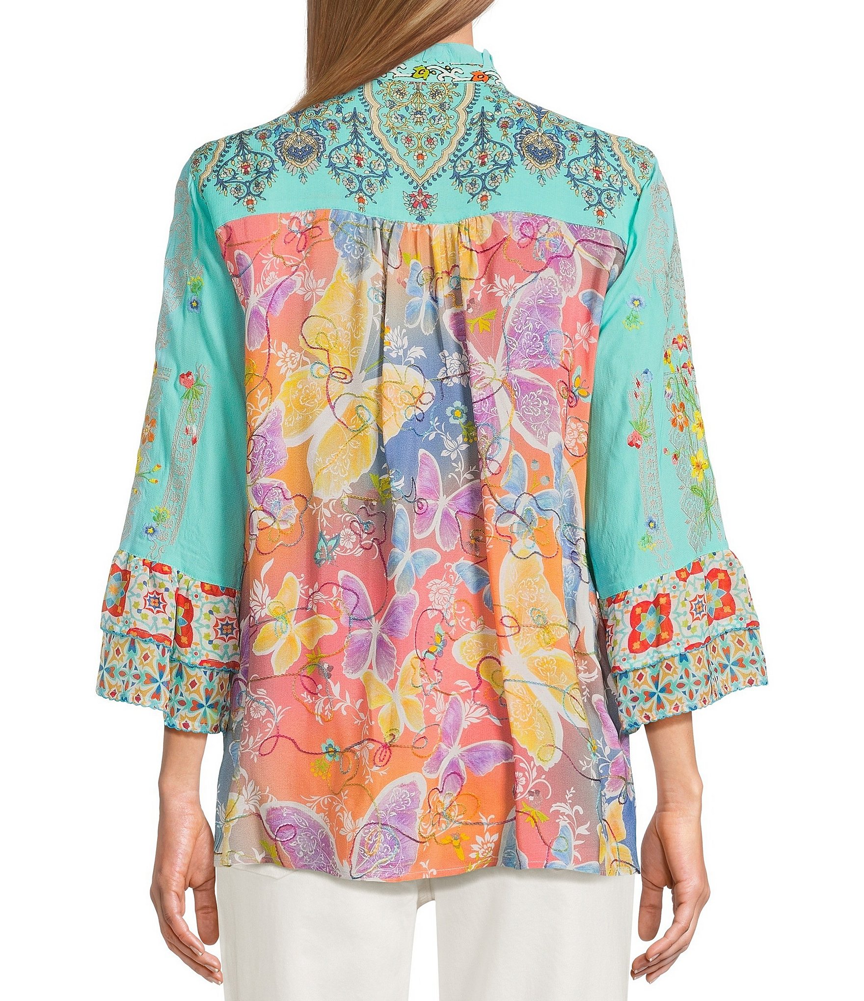 John Mark Floral Embroidered Round Neck 3/4 Ruffle Tiered Sleeve Button Front Blouse