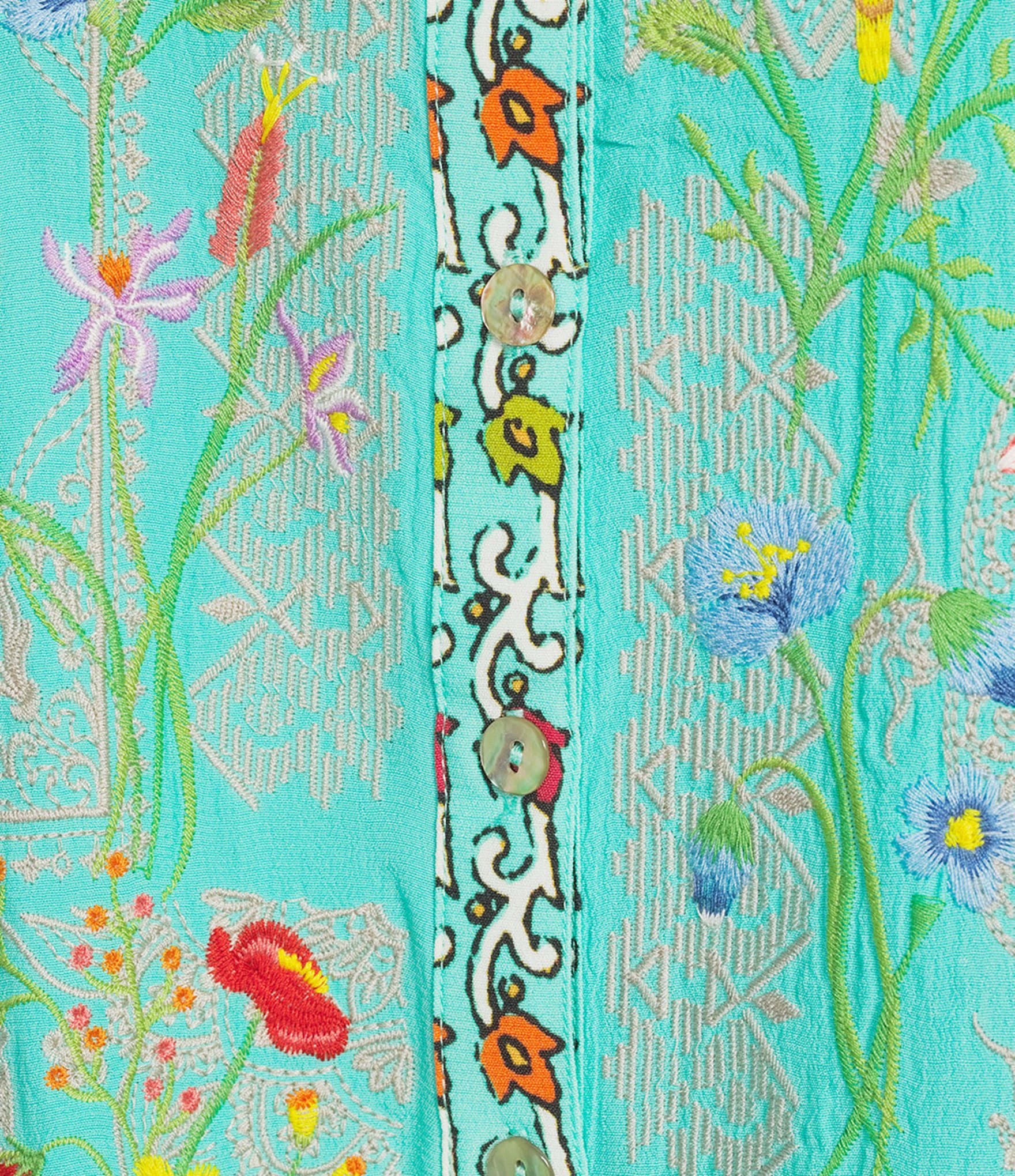 John Mark Floral Embroidered Round Neck 3/4 Ruffle Tiered Sleeve Button Front Blouse