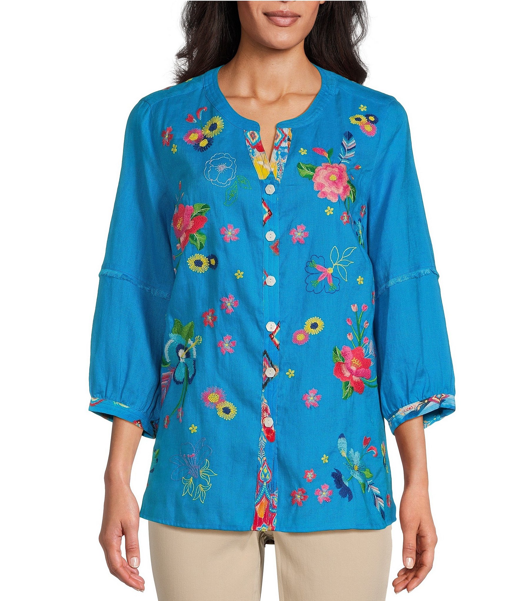 John Mark Floral Embroidered Round Neck 3/4 Sleeve Button-Front Tunic ...