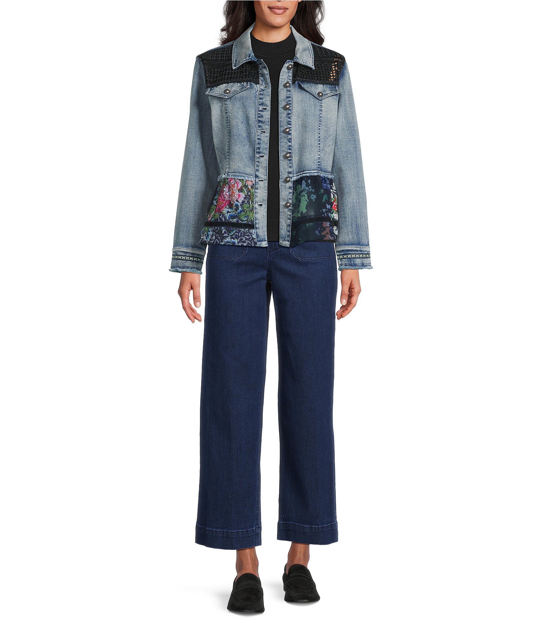 John Mark Floral Lace Denim Point Collar 3/4 Sleeve Button Front Peplum Jacket