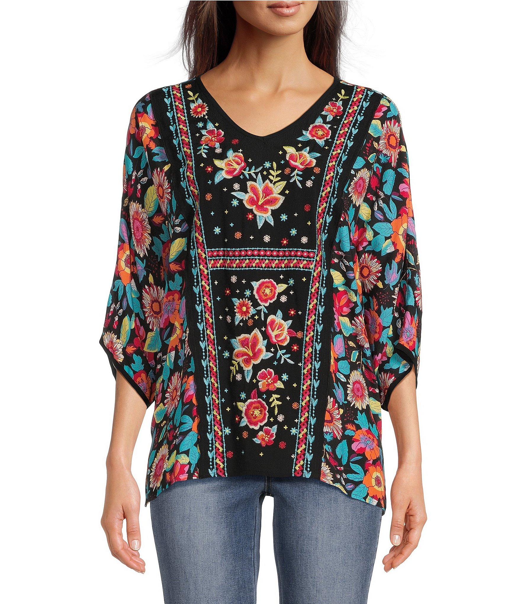 John Mark Floral Print Oversized V-Neck 3/4 Dolman Sleeve Woven Tunic ...