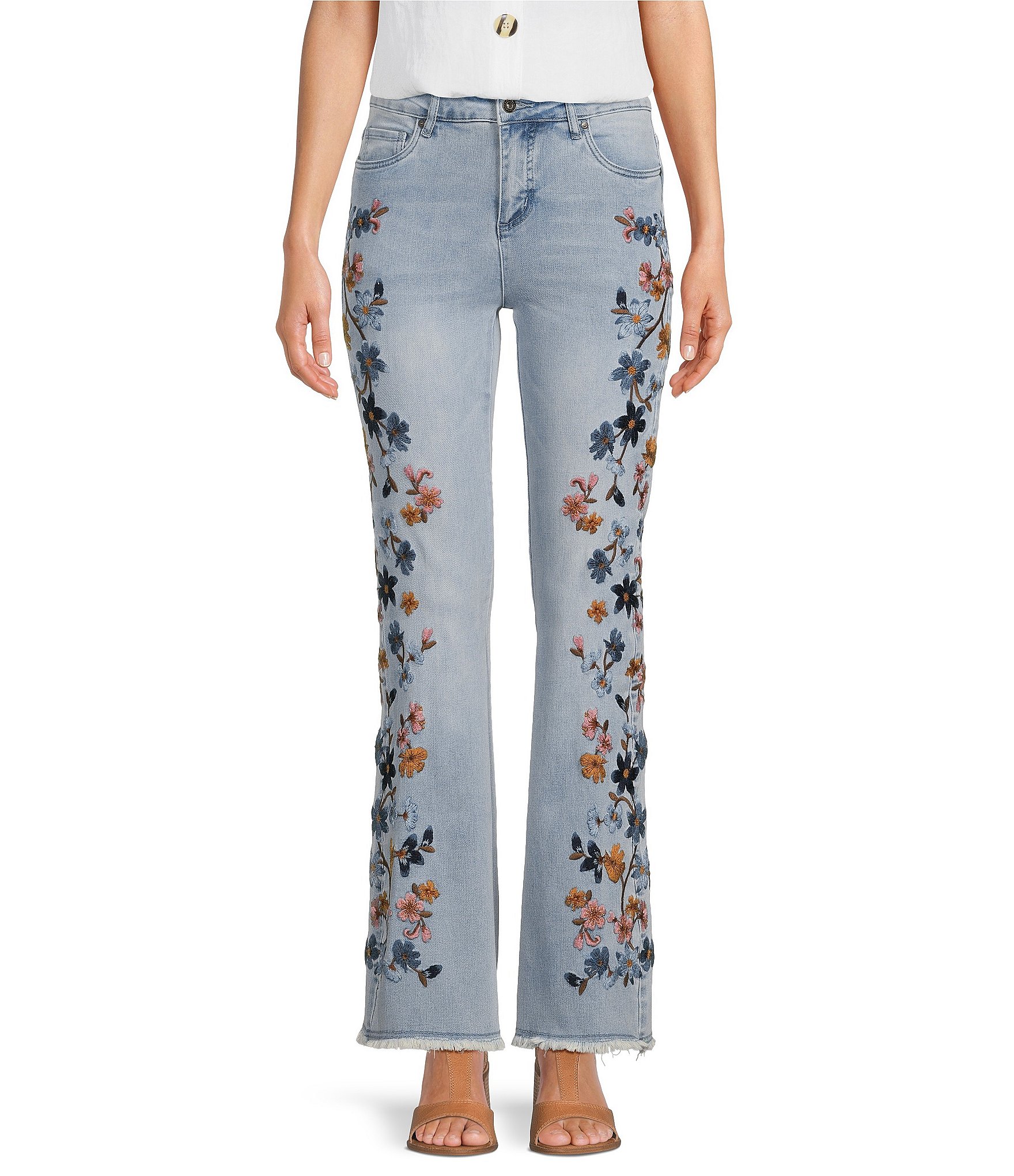 Womens Floral Embroidered Bell Bottom Flare Jeans