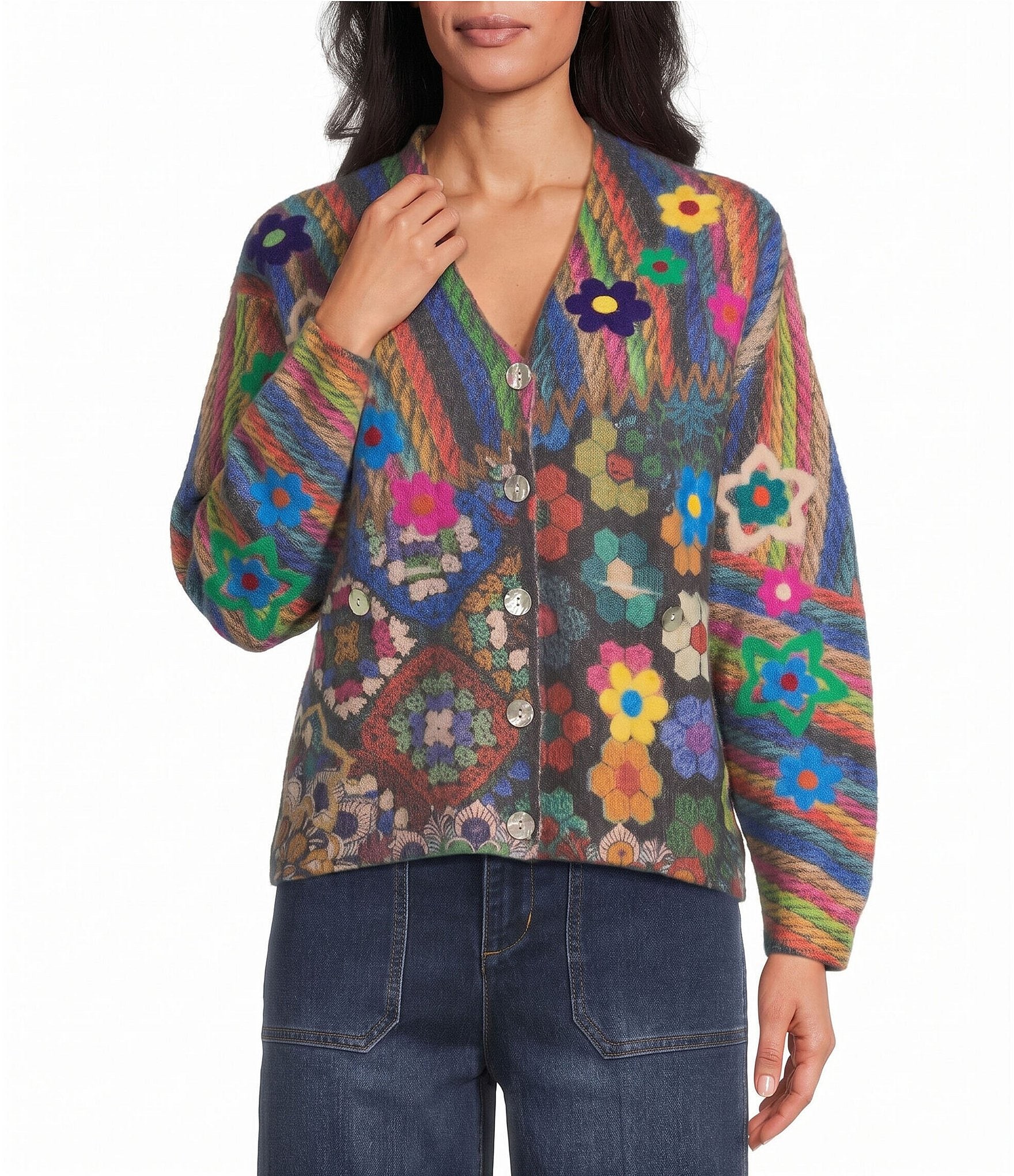 John Mark Knit Allover Print V-Neck Long Sleeve Button Front Cardigan