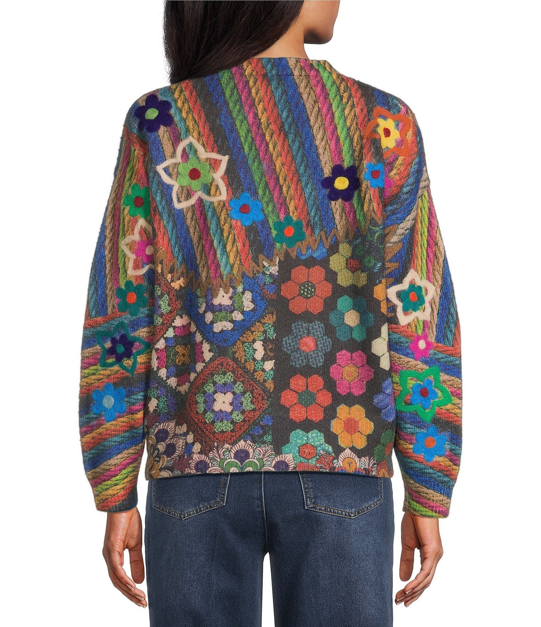 John Mark Knit Allover Print V-Neck Long Sleeve Button Front Cardigan