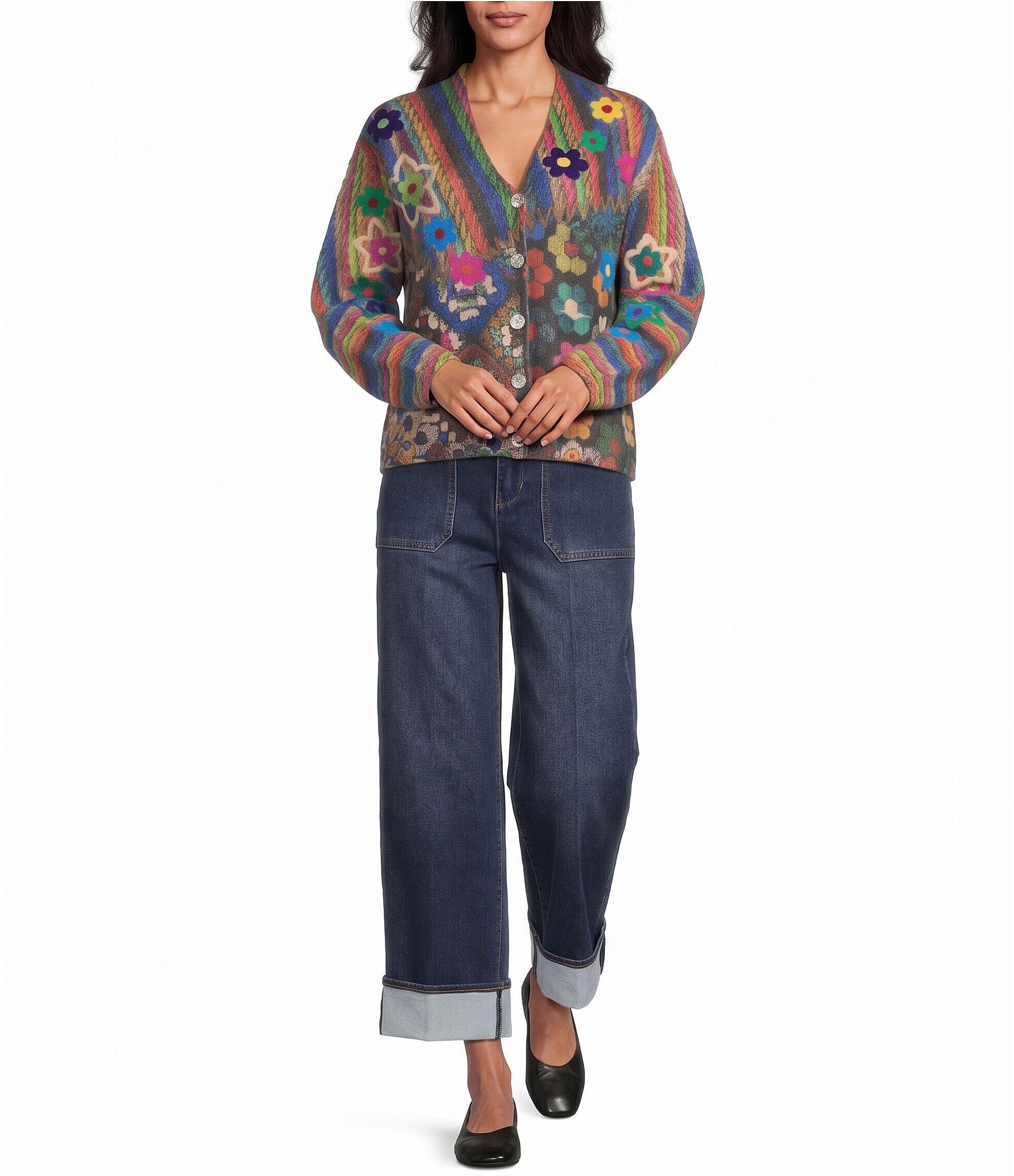 John Mark Knit Allover Print V-Neck Long Sleeve Button Front Cardigan