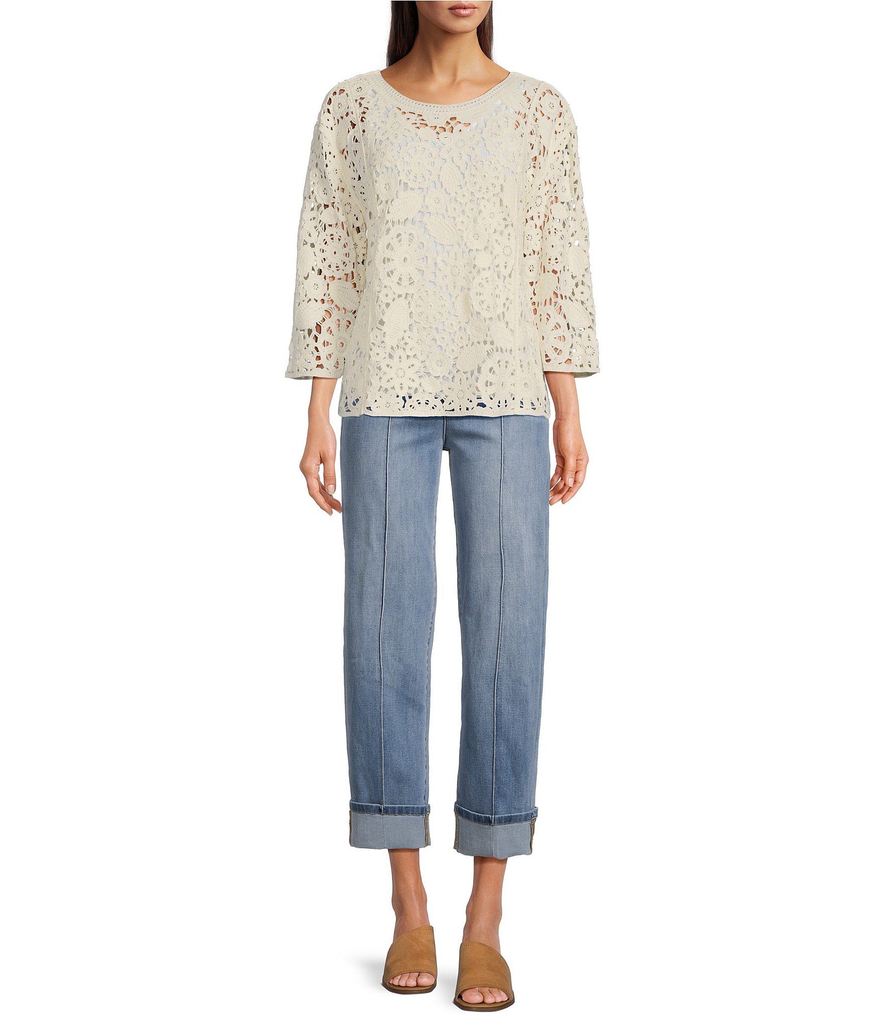 John Mark Lace Scoop Neck 3/4 Sleeve Popover Top
