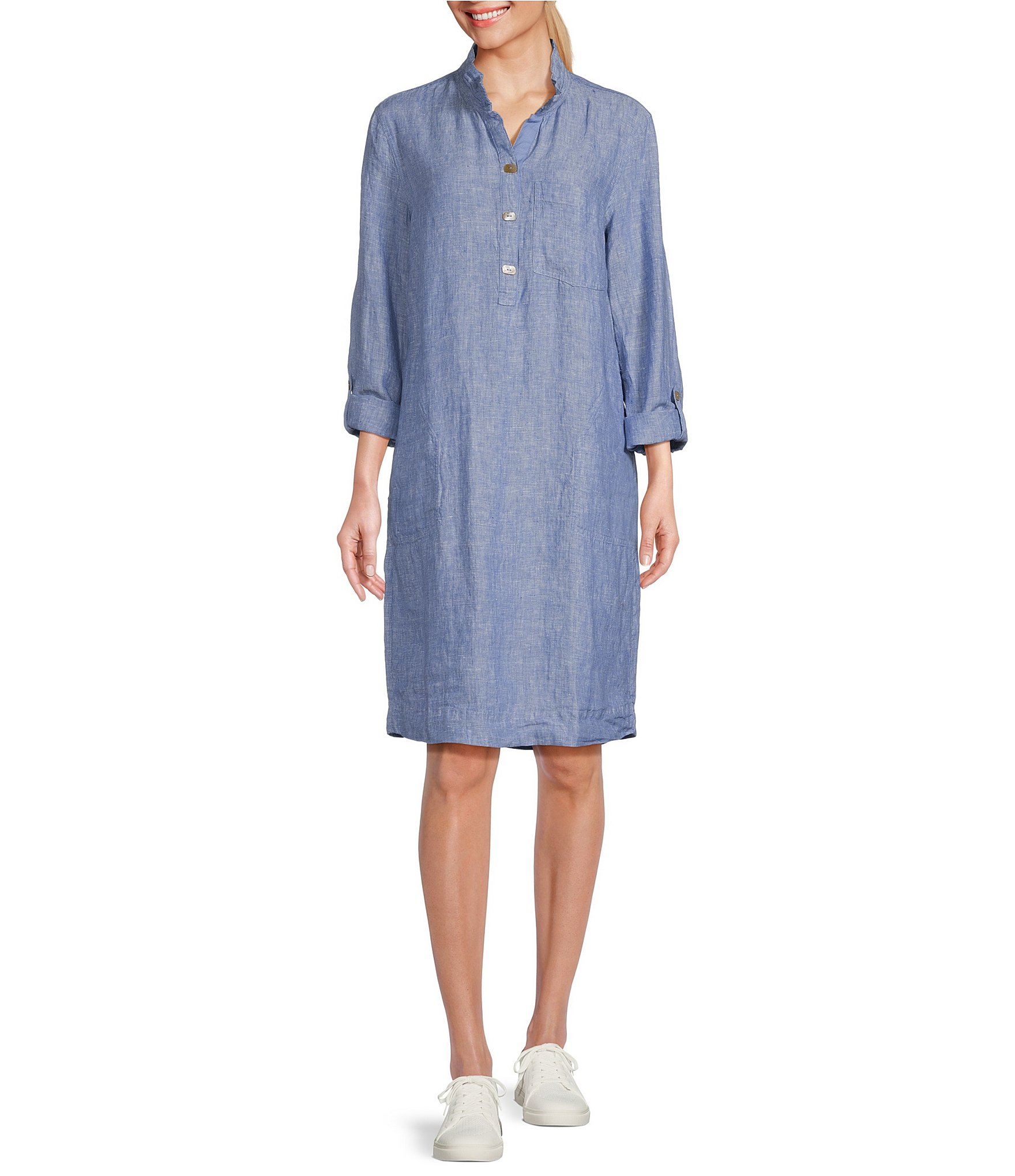 John Mark Linen Point Collar Roll Tab Sleeve Dress | Dillard's