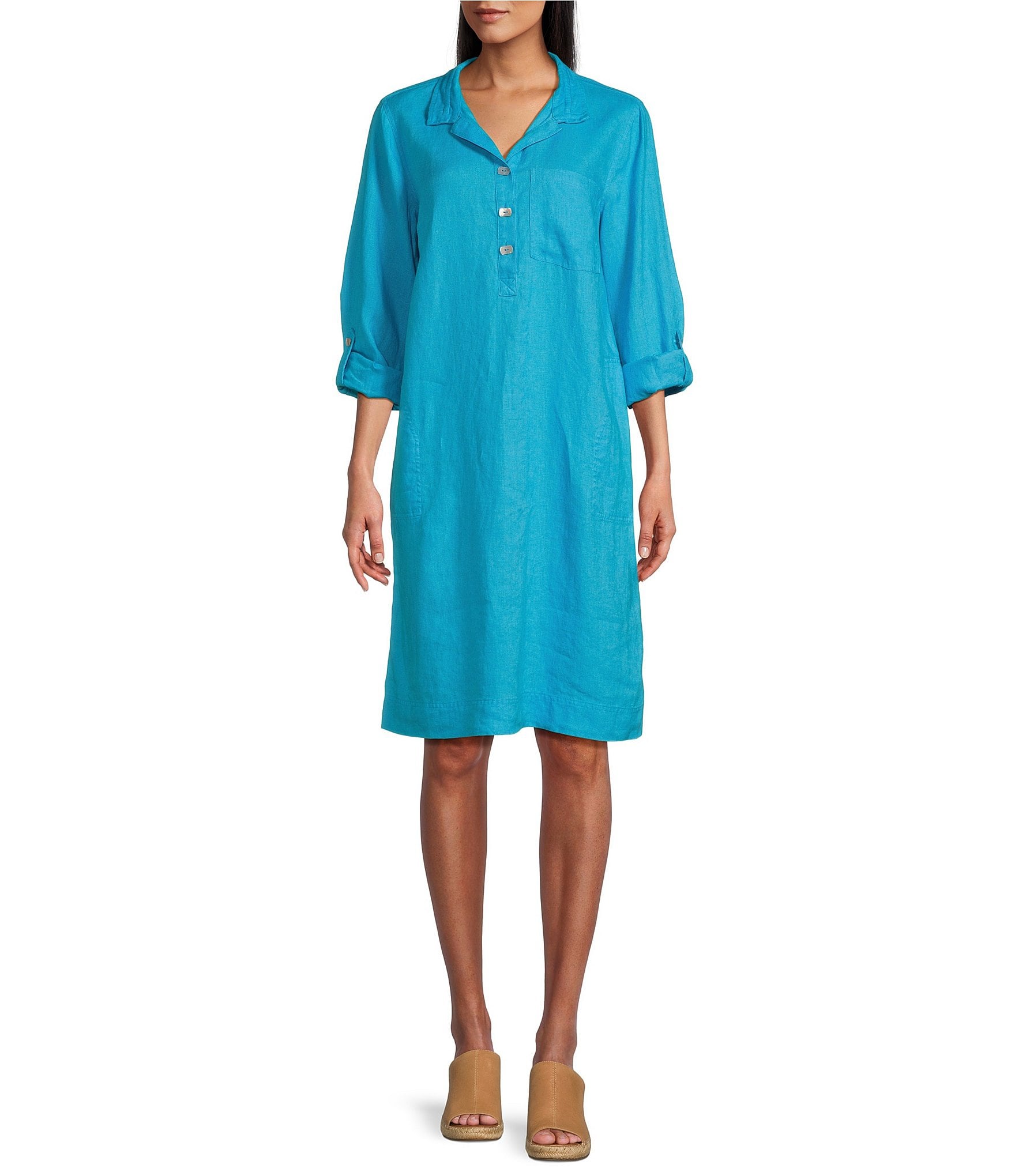 John Mark Linen Wire Collar Roll Tab Sleeve Shirt Dress John Mark Linen Wire Collar Roll Tab Sleeve Shirt Dress