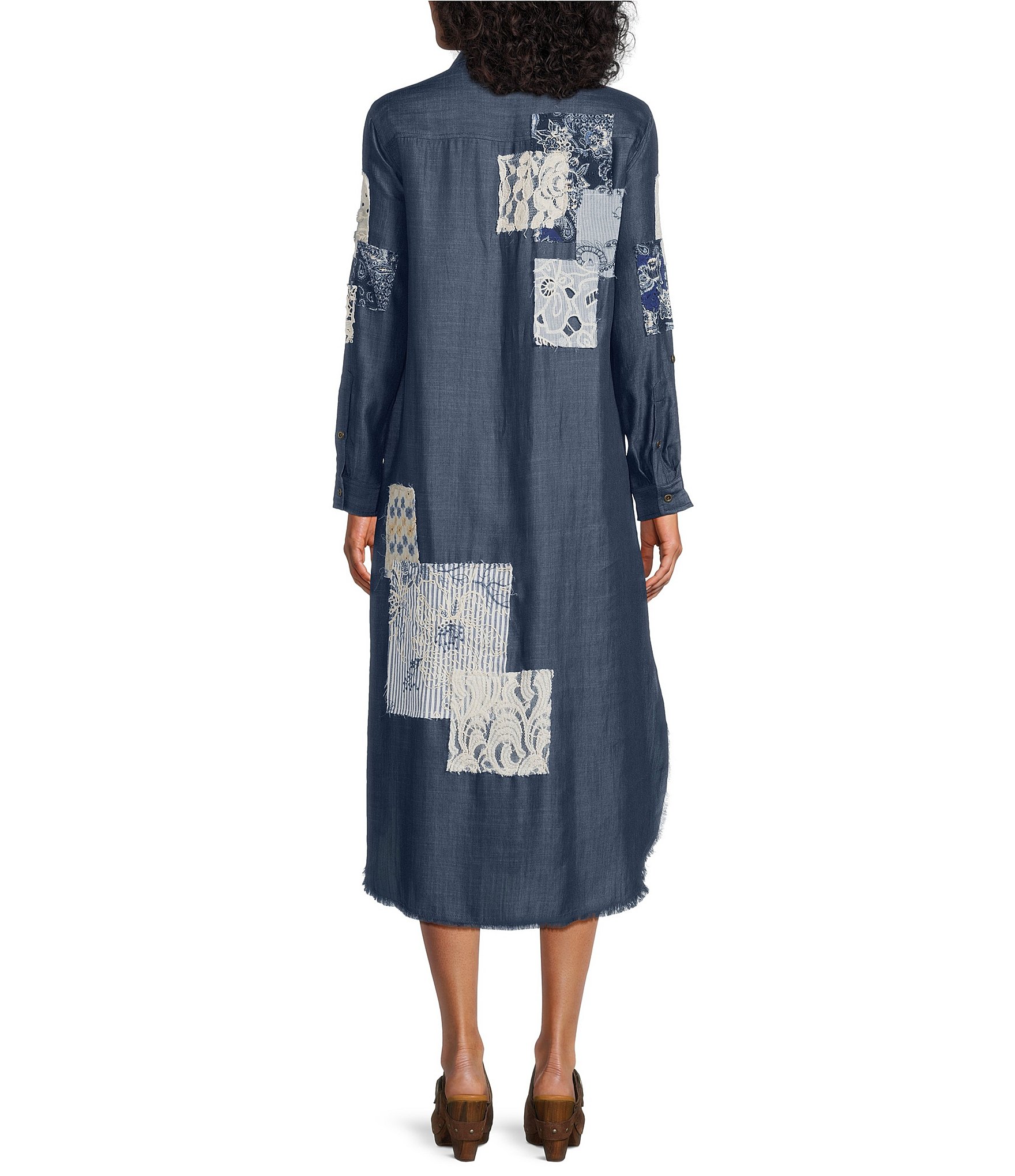 John Mark Mixed-Media Embroidered Floral Eyelet Patchwork Button-Front Shirt Dress