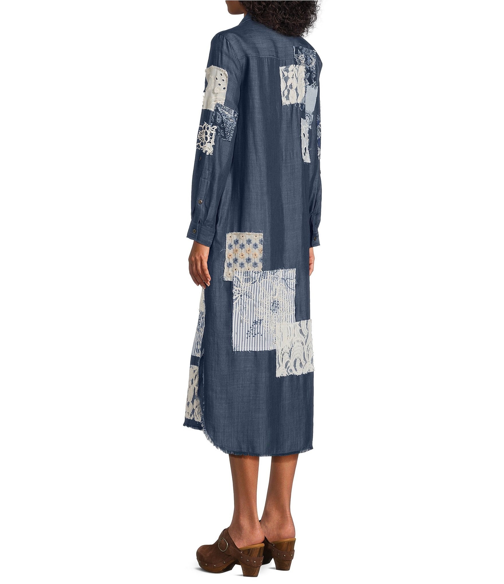 John Mark Mixed-Media Embroidered Floral Eyelet Patchwork Button-Front Shirt Dress