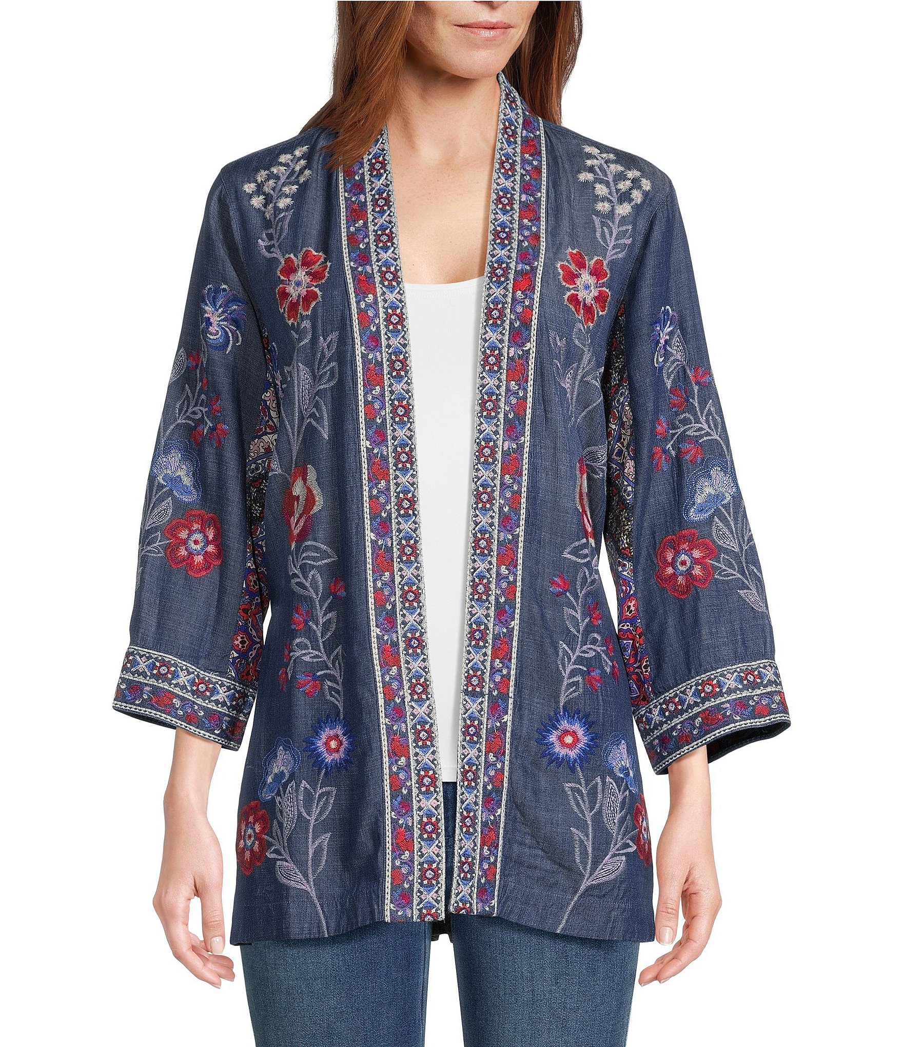 John Mark Mixed Print Woven Banded Neck 3/4 Cuffed Sleeve Embroidered ...