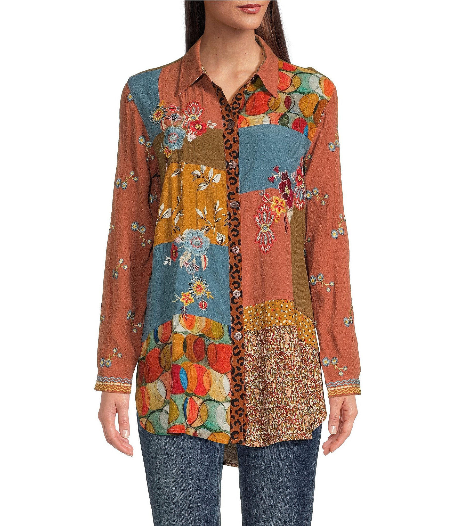 John Mark Multi Patchwork Print Point Collar Long Sleeve