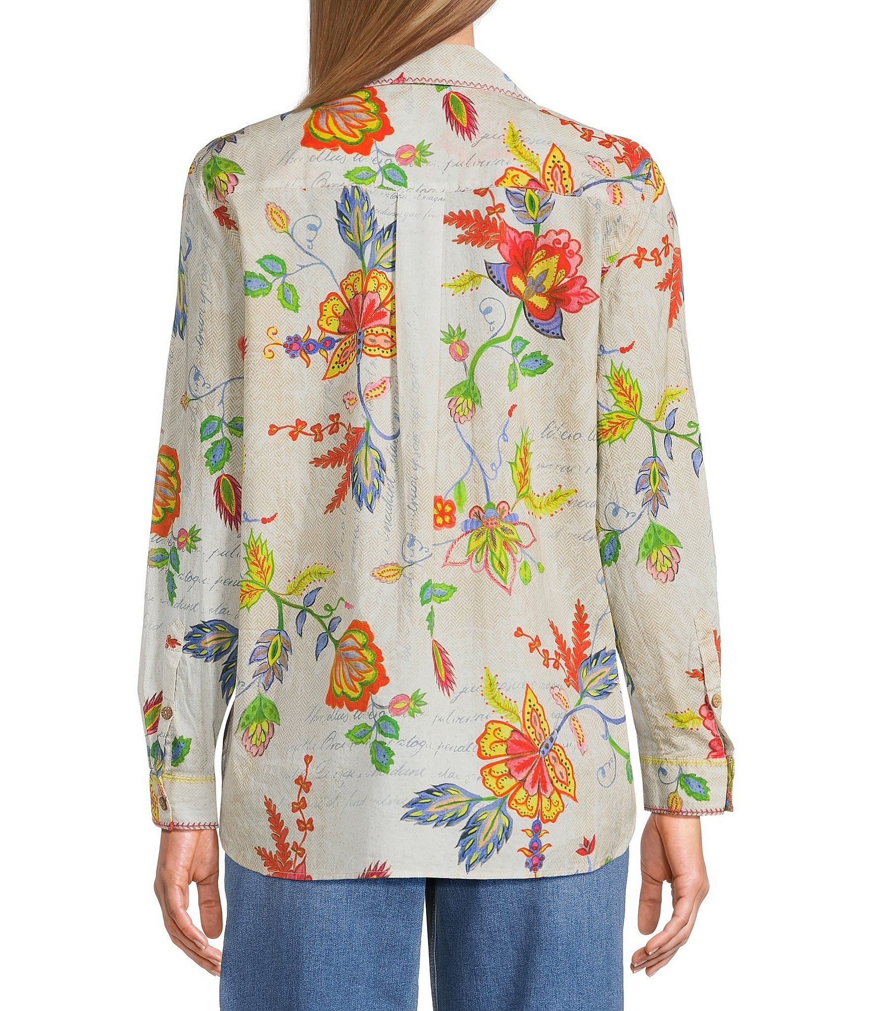 John Mark Petite Size Embroidered Floral Point Collar Long Roll-Tab Sleeve Button-Front Blouse