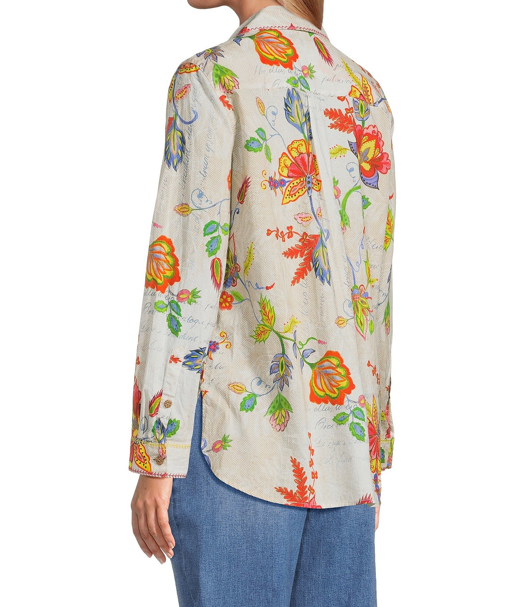 John Mark Petite Size Embroidered Floral Point Collar Long Roll-Tab Sleeve Button-Front Blouse