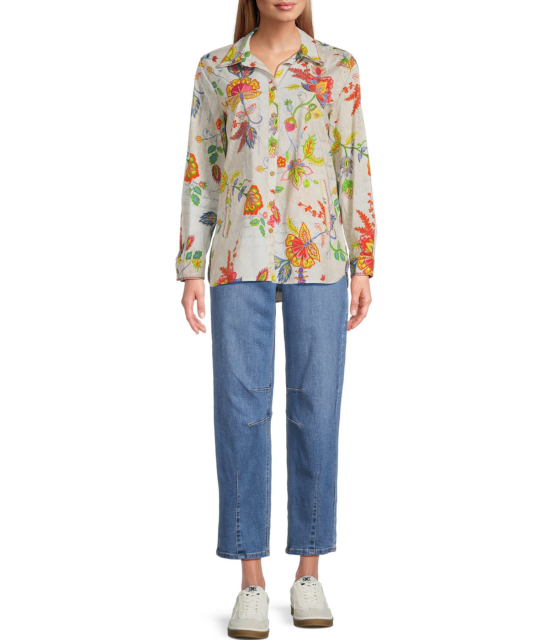 John Mark Petite Size Embroidered Floral Point Collar Long Roll-Tab Sleeve Button-Front Blouse