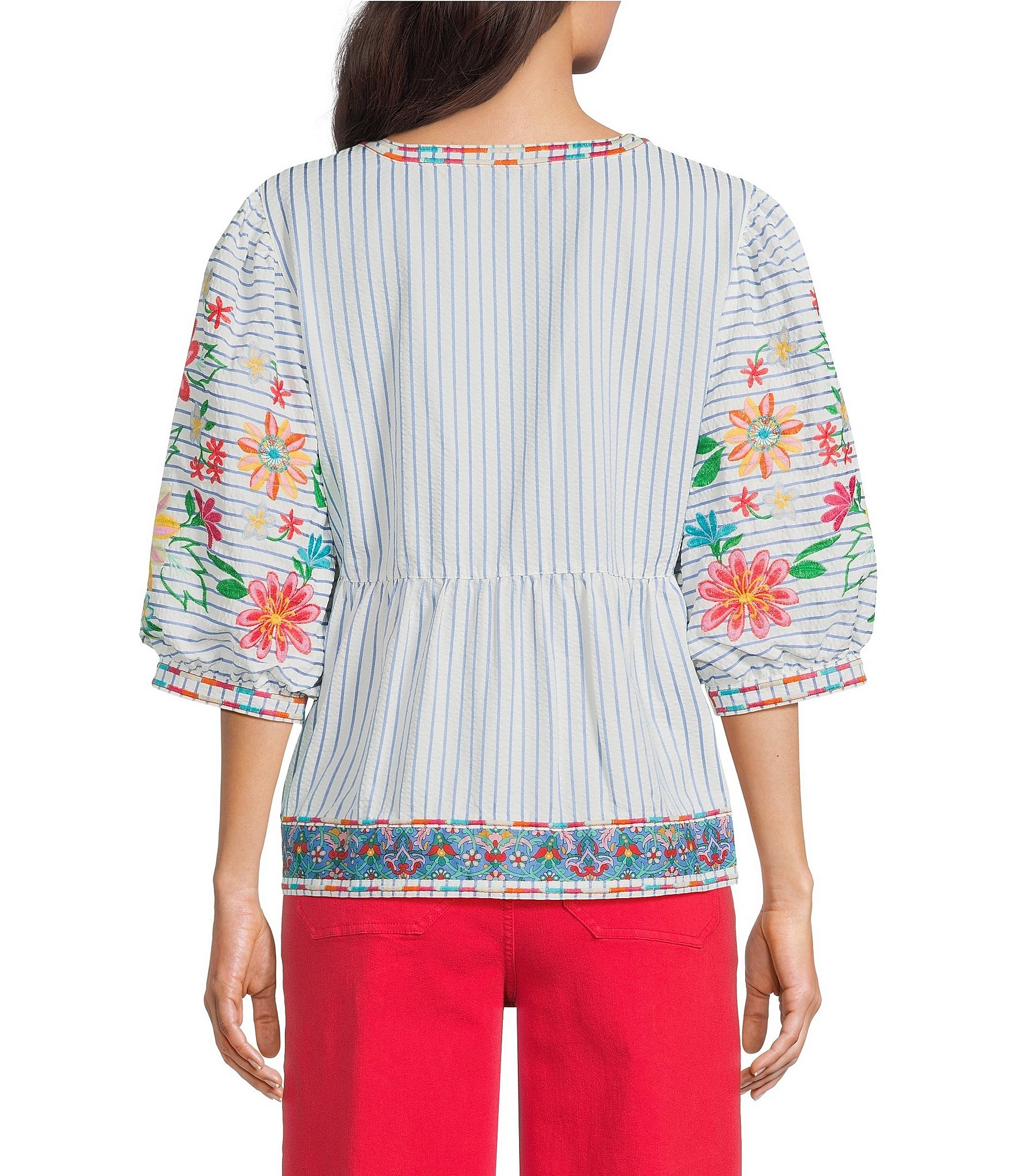 John Mark Petite Size Embroidered Floral Stripe Split V-Neck 3/4 Sleeve Top