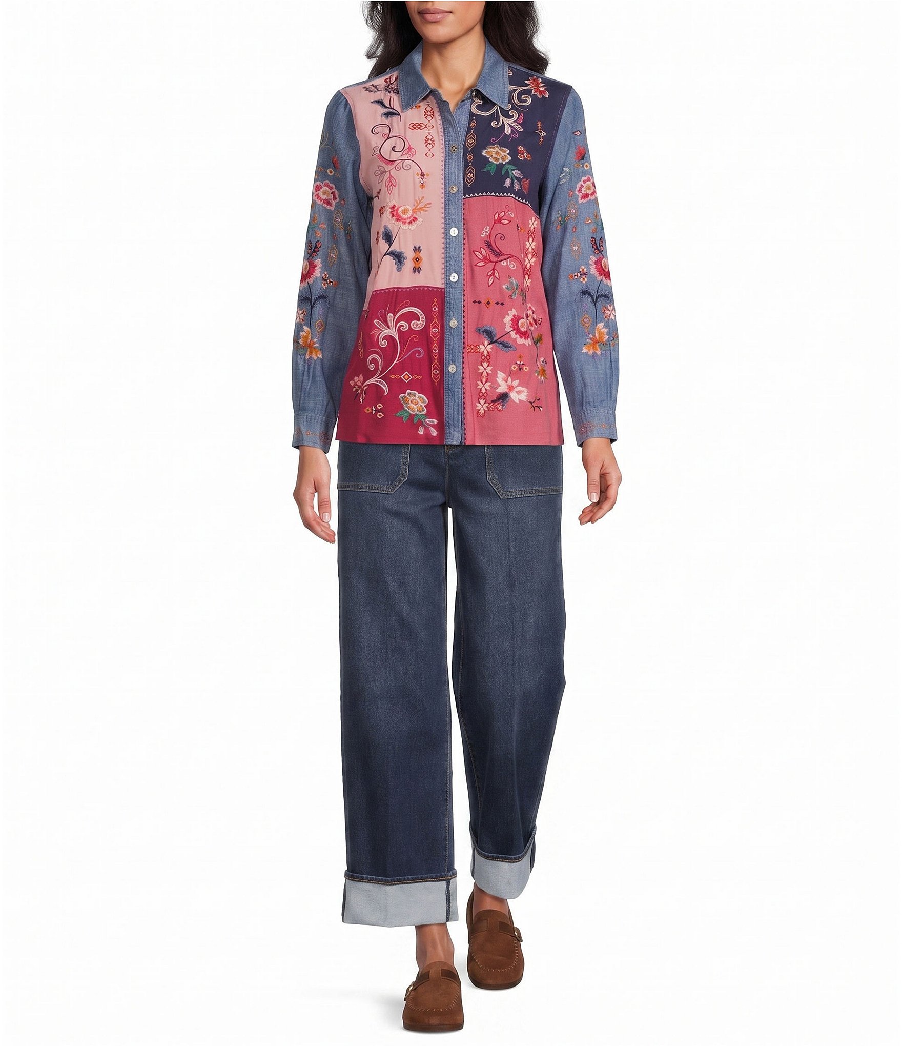 John Mark Petite Size Embroidered Patchwork Point Collar Long Sleeve Button-Front Shirt