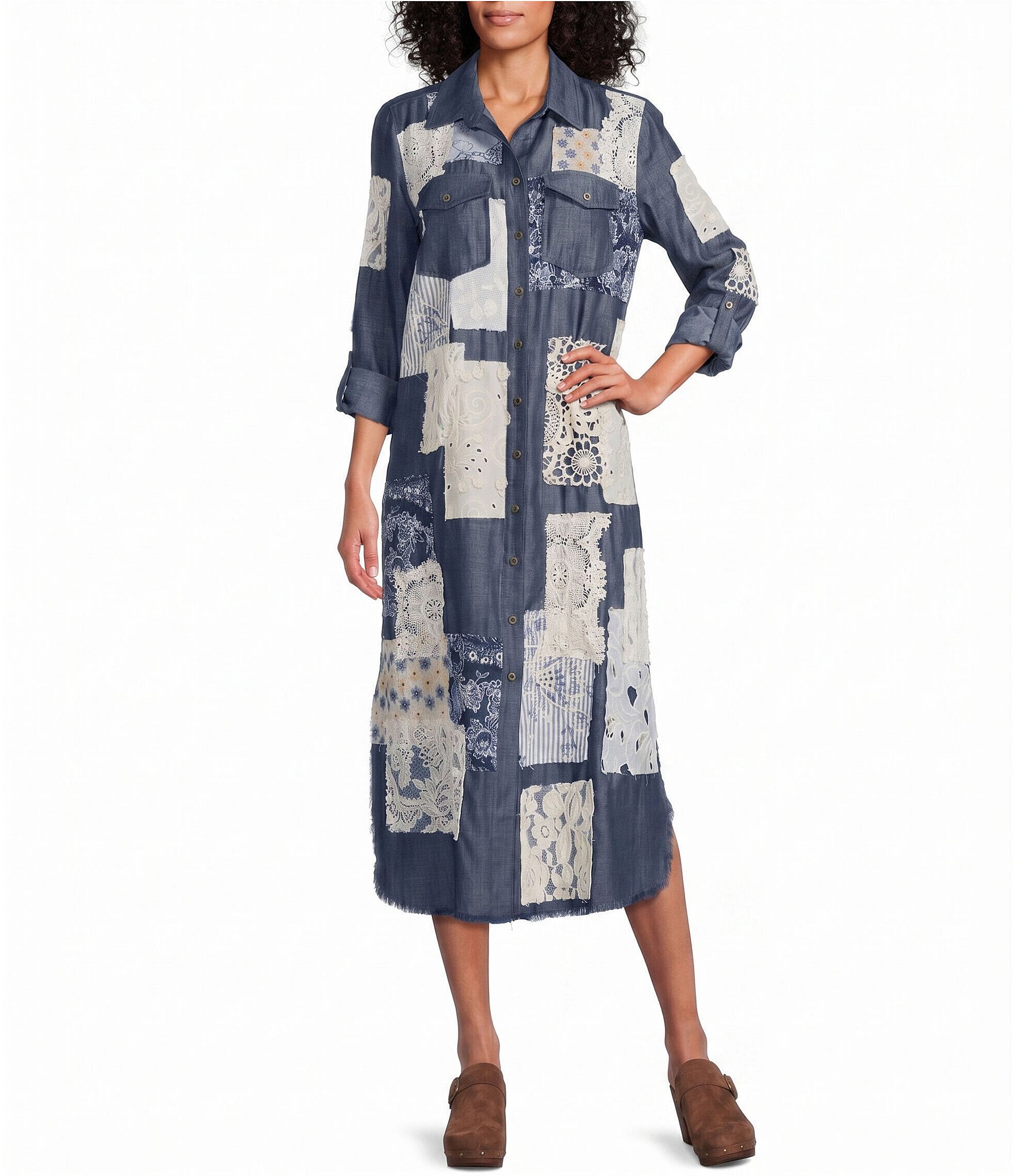 John Mark Petite Size Mixed-Media Embroidered Floral Eyelet Patchwork Button-Front Shirt Dress