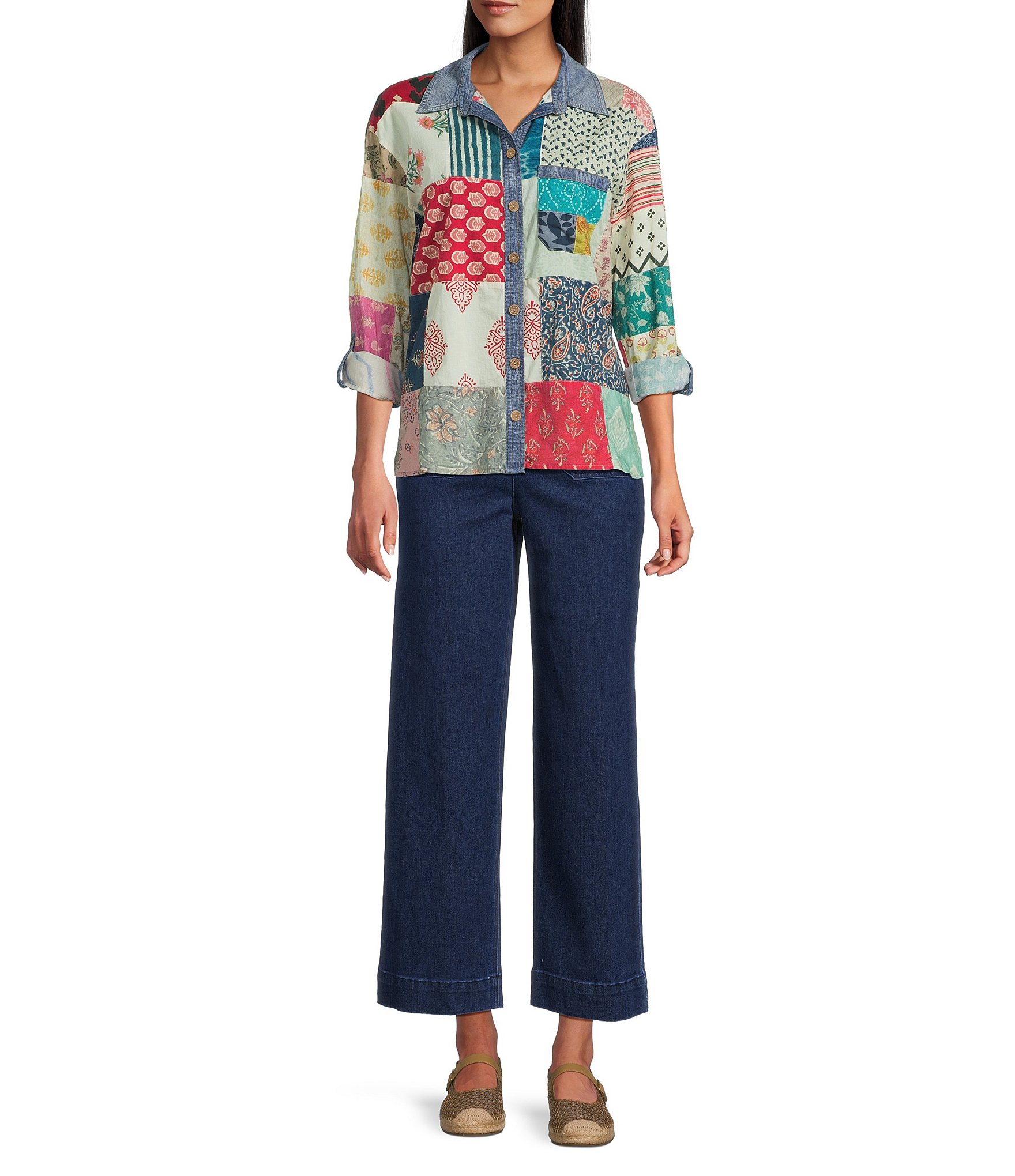 John Mark Petite Size Multi Print Patched Point Collar Long Roll-Tab Sleeve Button Front Tunic