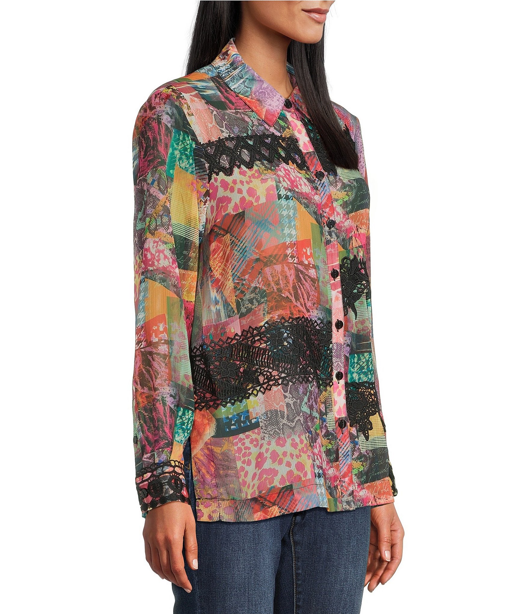 John Mark Petite Size Patchwork Lace Print Point Collar Long Sleeve Button Front Blouse