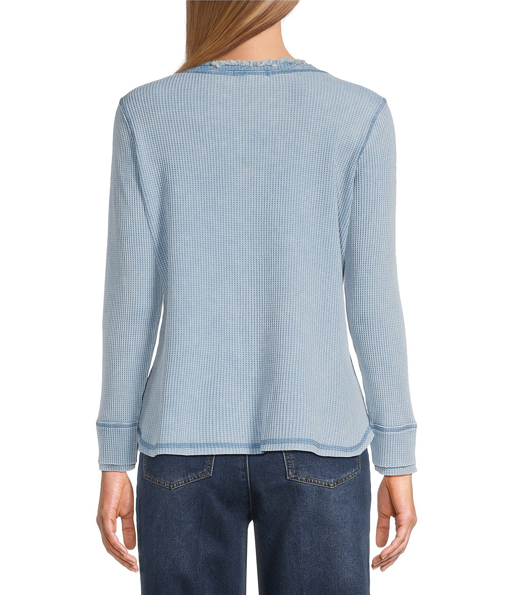 John Mark Petite Size Solid Washed Waffle Knit Split V-Neck Long Sleeve Top