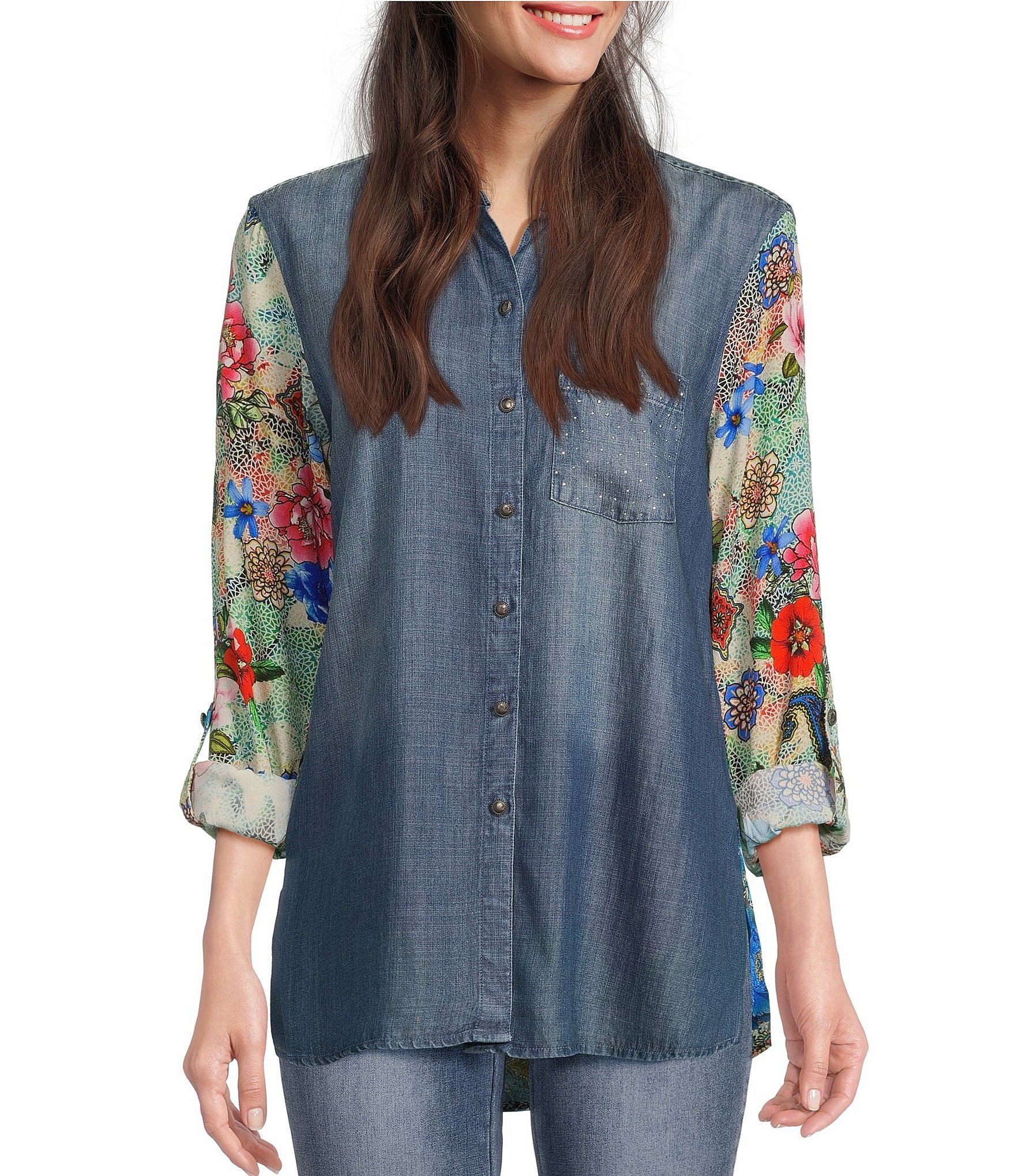 Intro Petite Size Floral Lyocell Point Collar Roll-Tab Sleeve Hi-Low  Popover Top