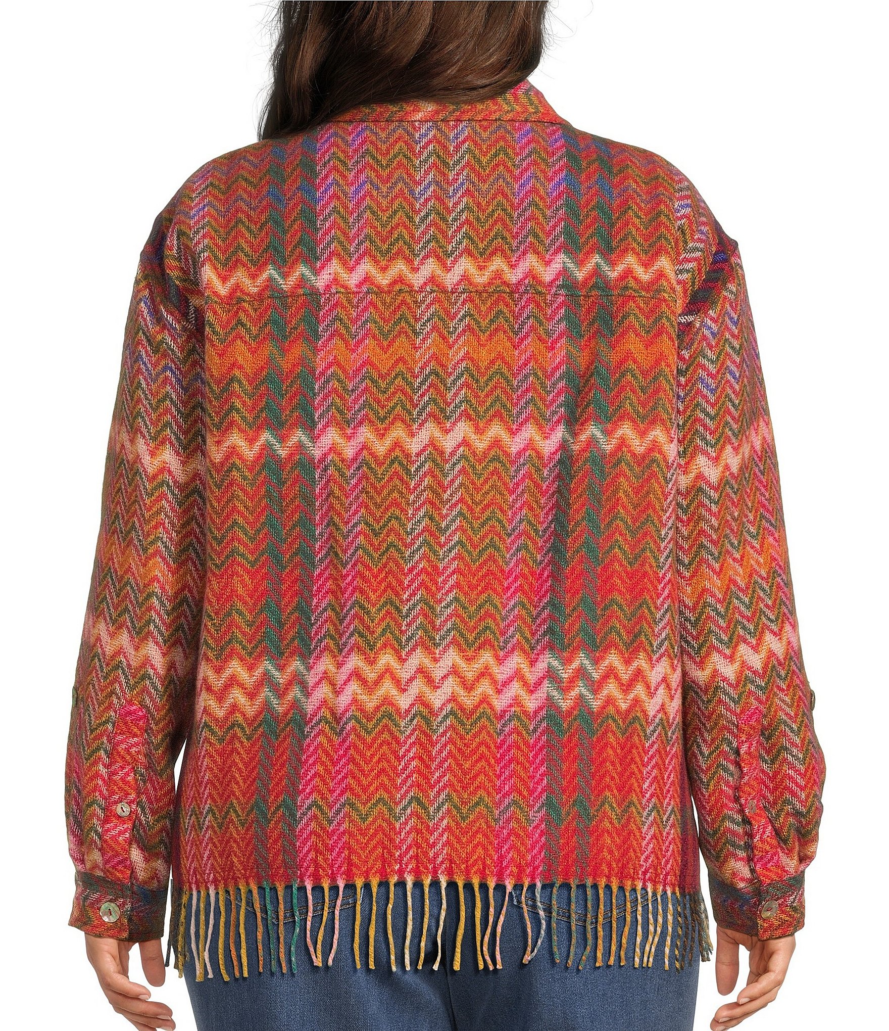 John Mark Petite Size Woven Chevron Pattern Point Collar Long Sleeve Fringe Hem Button Front Jacket