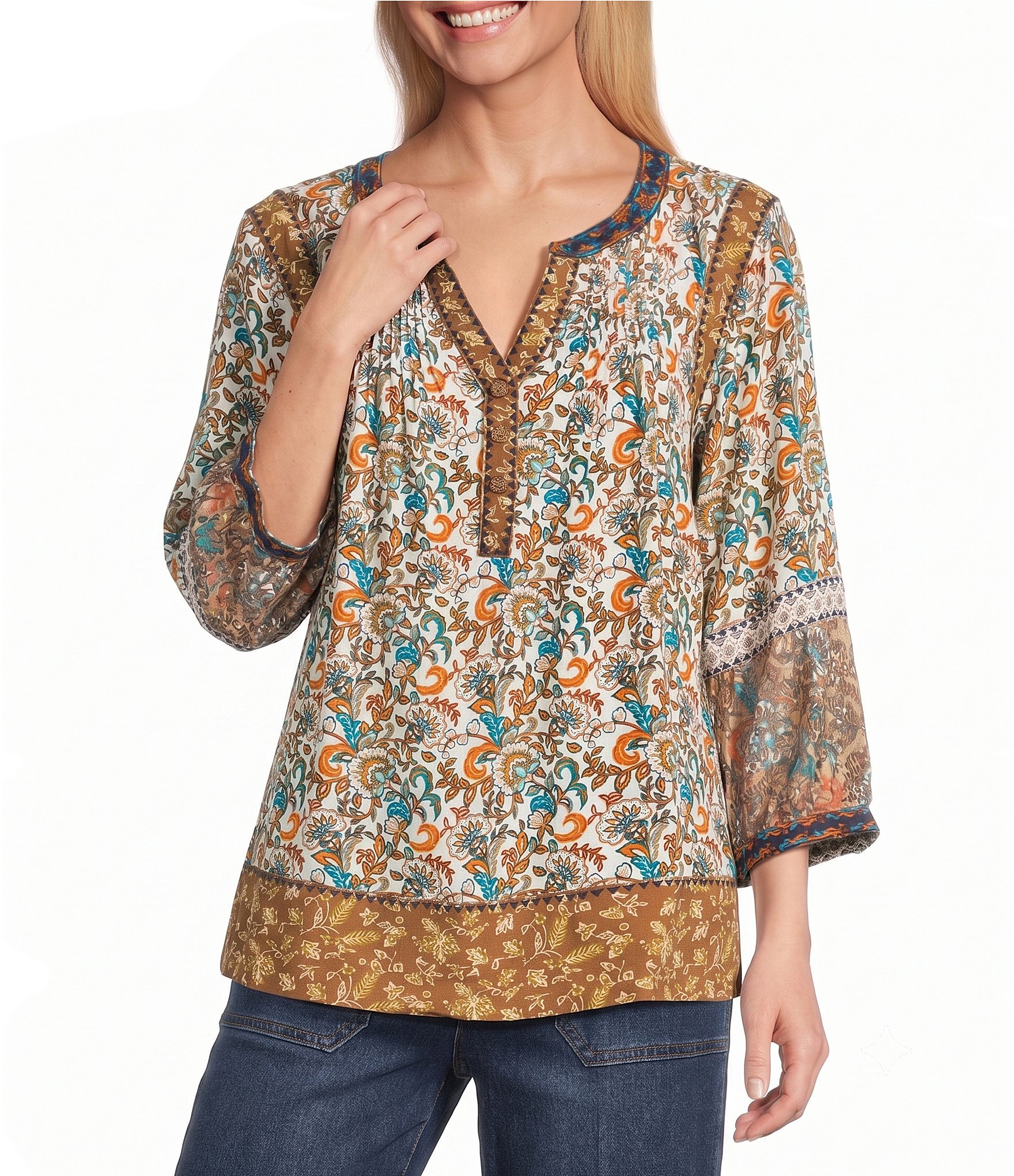 John Mark Petite Size Woven Mixed Print Y-Neck 3/4 Sleeve Lace Pintuck Tunic