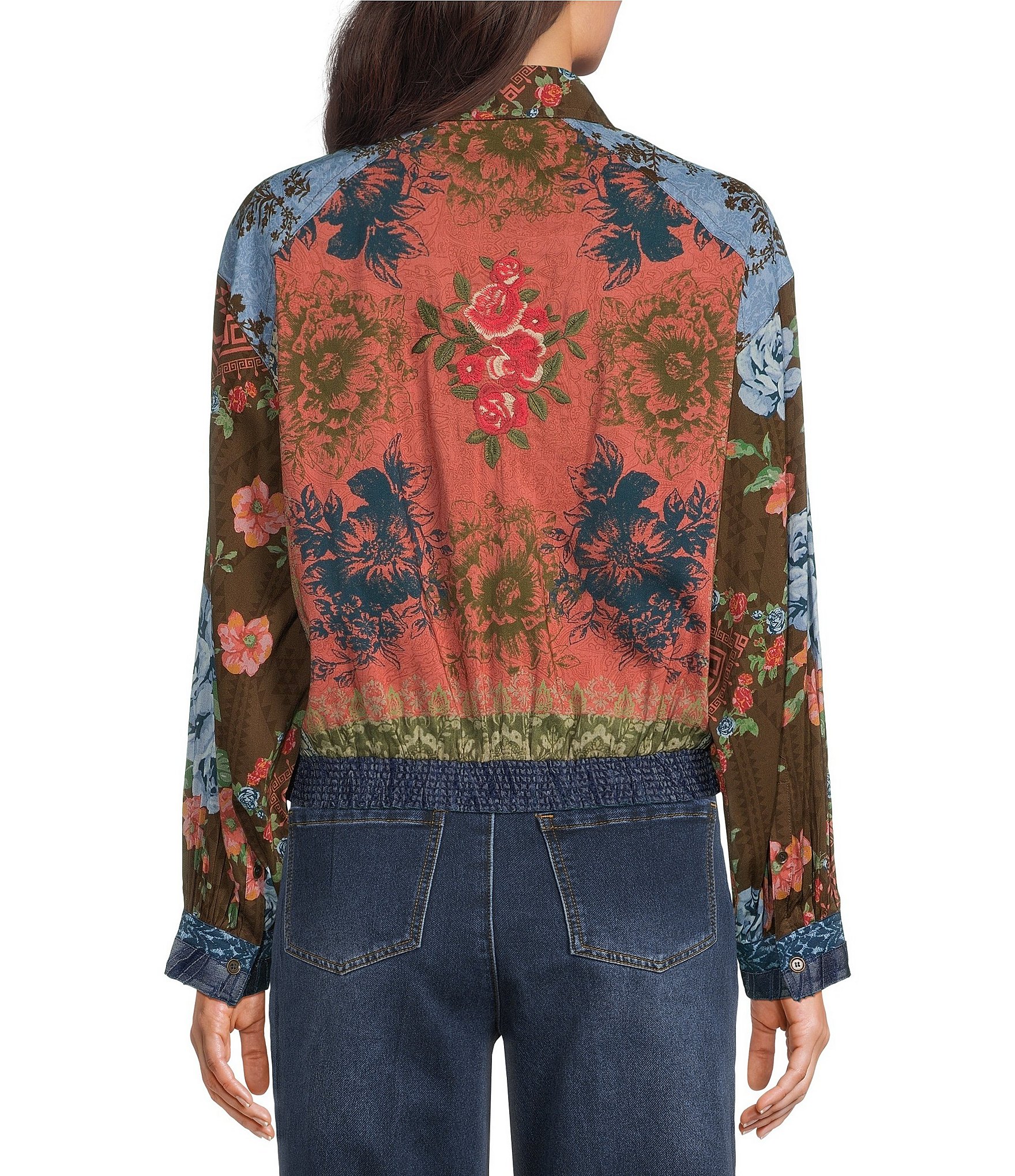 John Mark Petite Size Woven Multi Floral Print Point Collar Long Sleeve Button Front Jacket