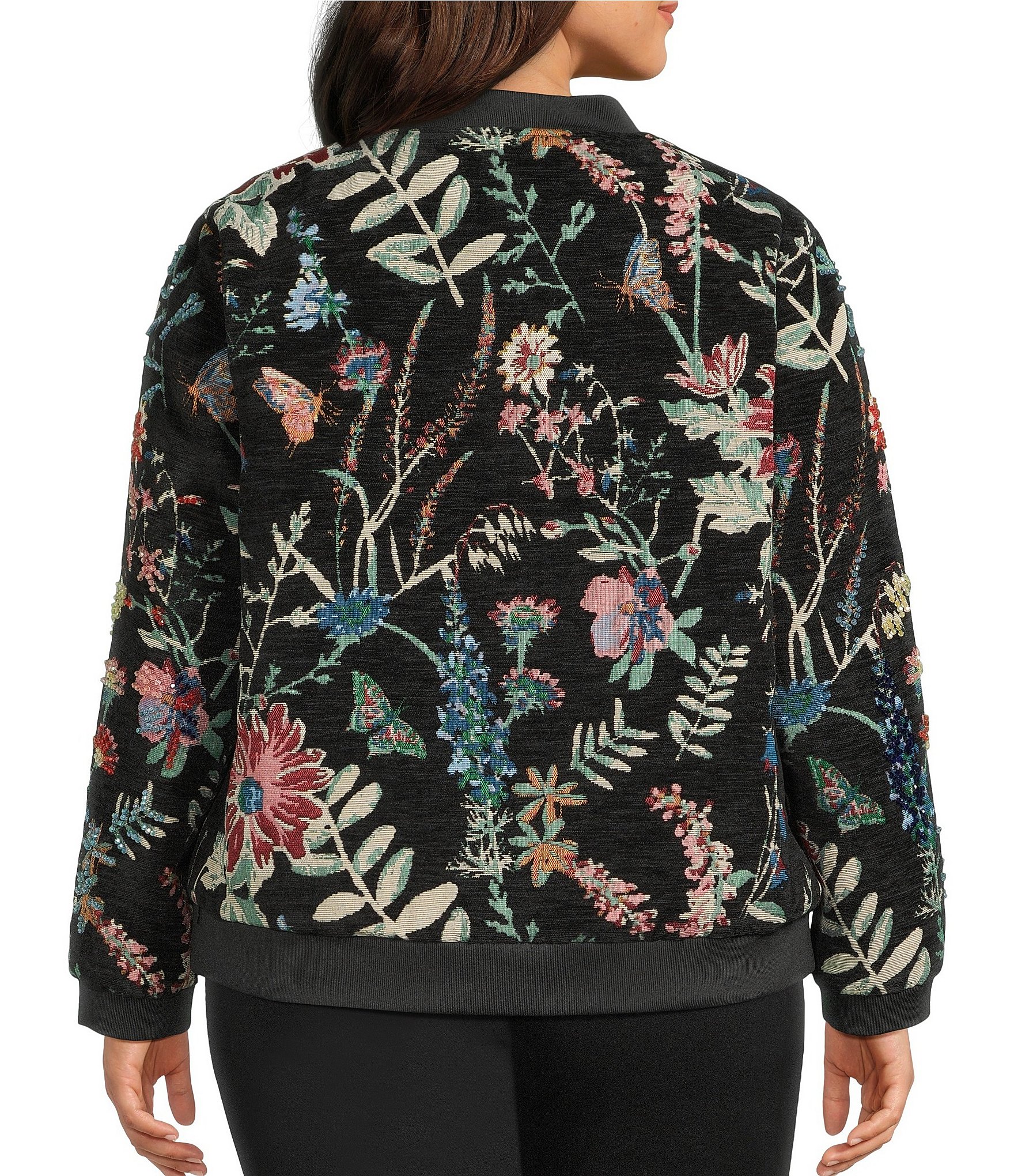 John Mark Plus Size Allover Floral Jacquard Beaded Long Sleeve Ribbed Neck Zip-Front Jacket