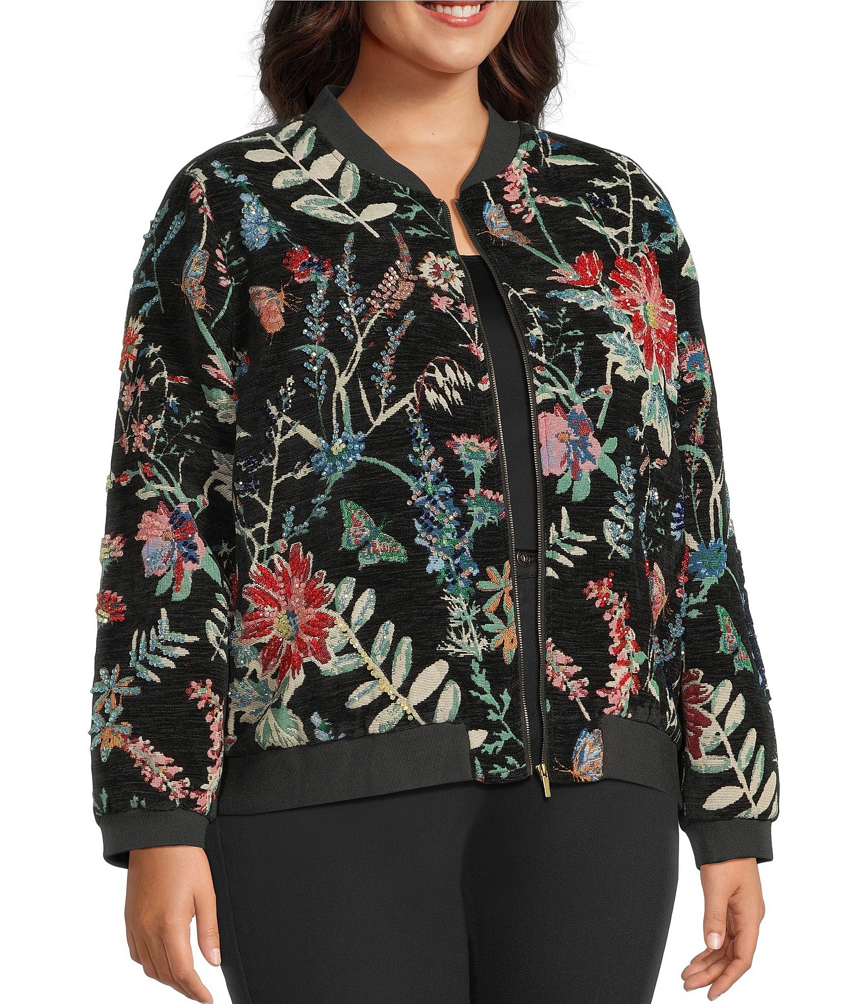 John Mark Plus Size Allover Floral Jacquard Beaded Long Sleeve Ribbed Neck Zip-Front Jacket