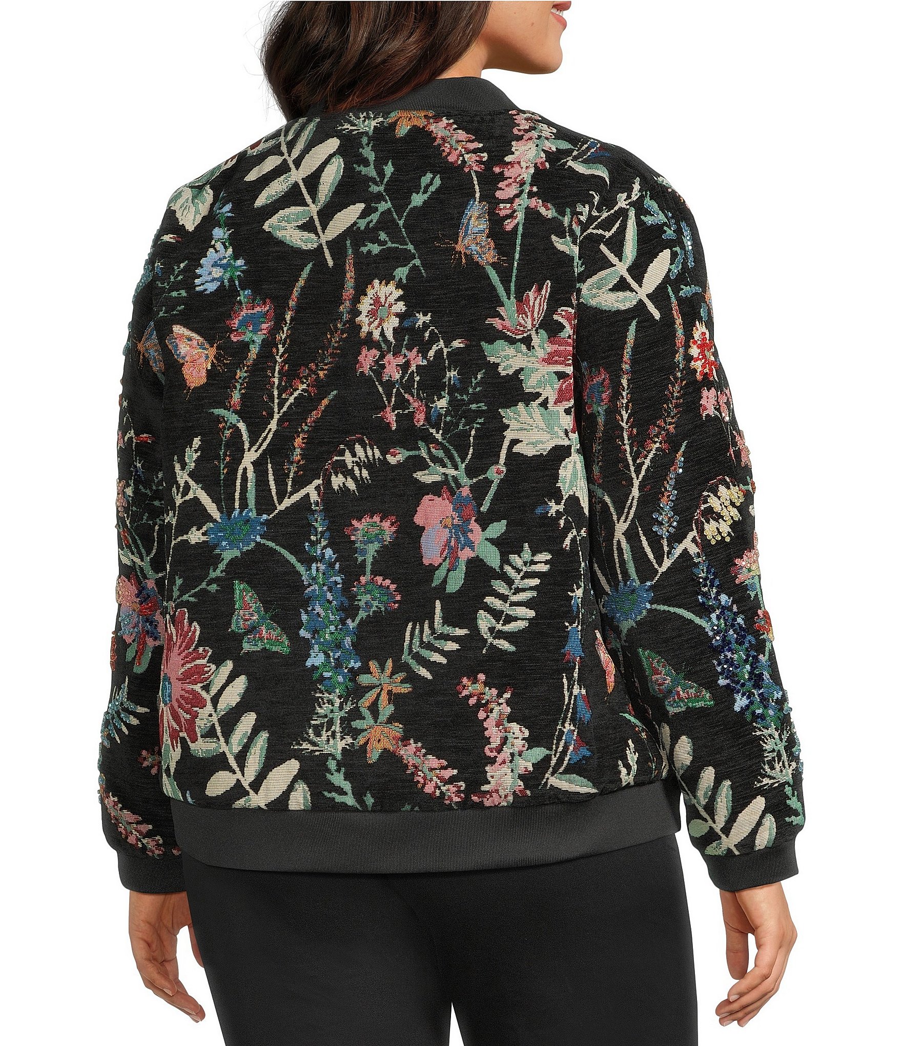 John Mark Plus Size Allover Floral Jacquard Beaded Long Sleeve Ribbed Neck Zip-Front Jacket