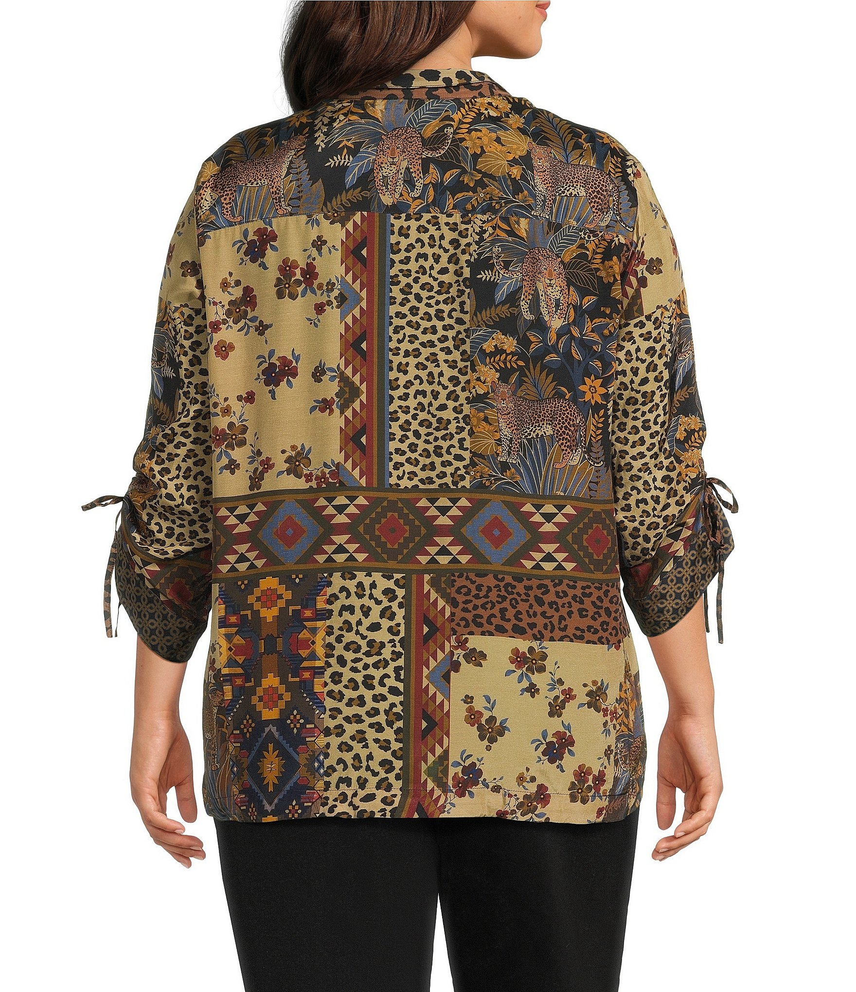 John Mark Plus Size Crepe Multi Safari Embroidered Wire Collar 3/4 Cinched Sleeve Button Front Shirt