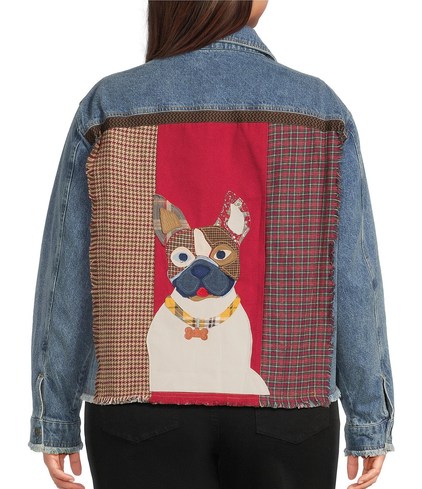 John Mark Plus Size Denim Mixed Patch Panel Dog Print Point Collar Long Sleeve Button Front Jacket