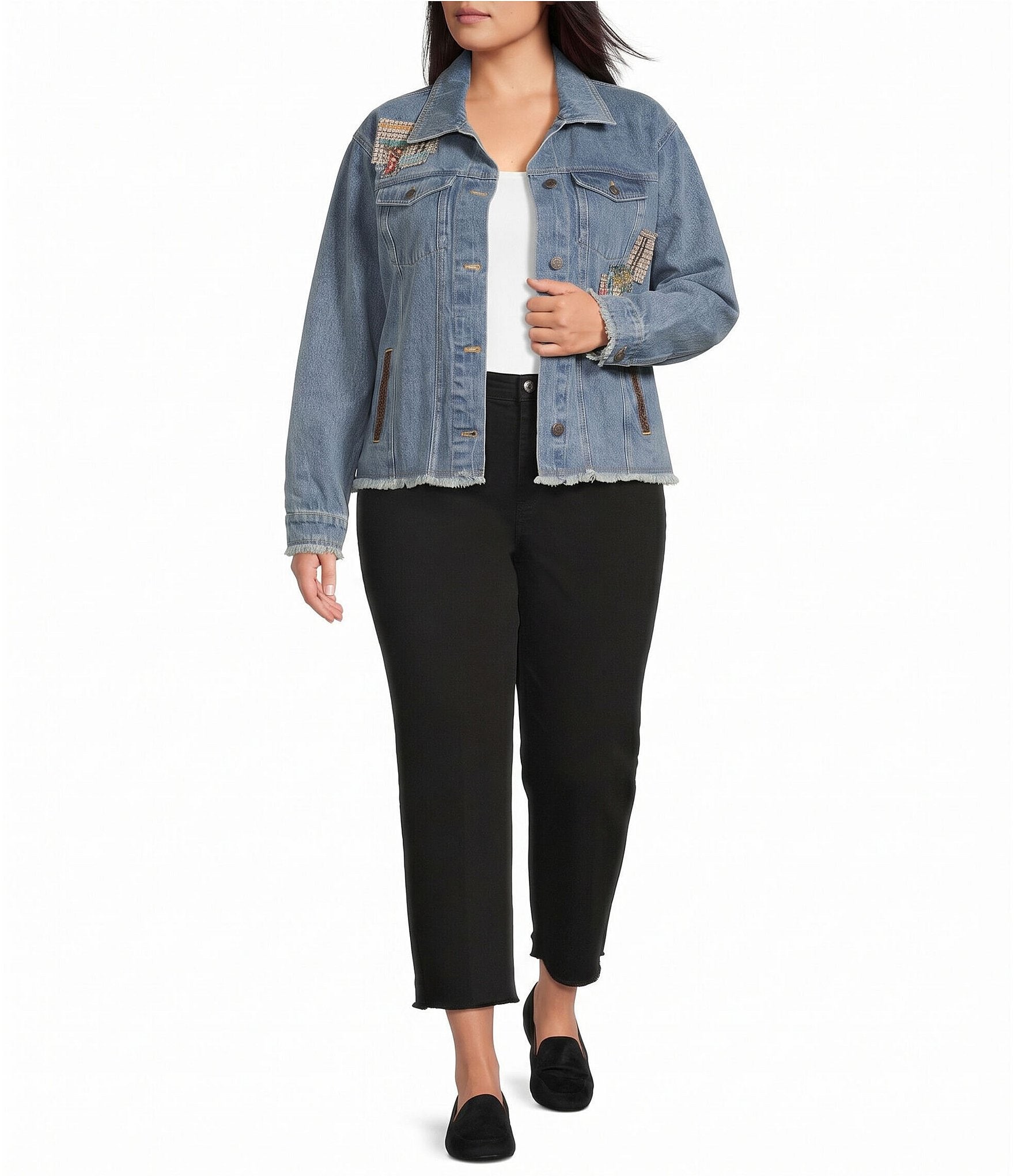 John Mark Plus Size Denim Mixed Patch Panel Dog Print Point Collar Long Sleeve Button Front Jacket