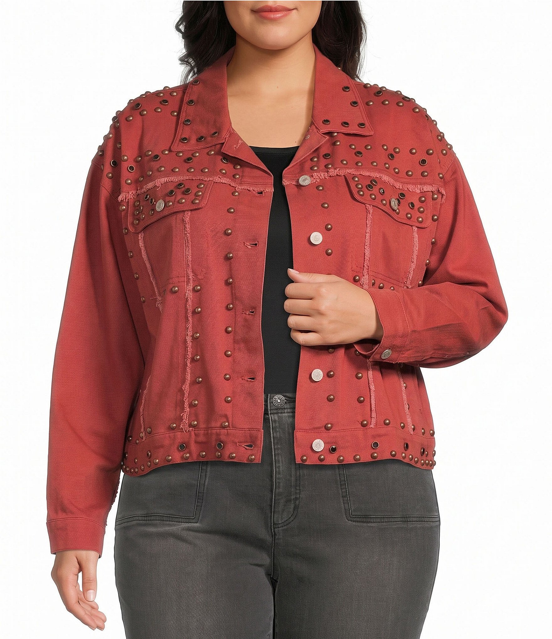 John Mark Plus Size Denim Stud Point Collar Long Sleeve Button Front Jacket