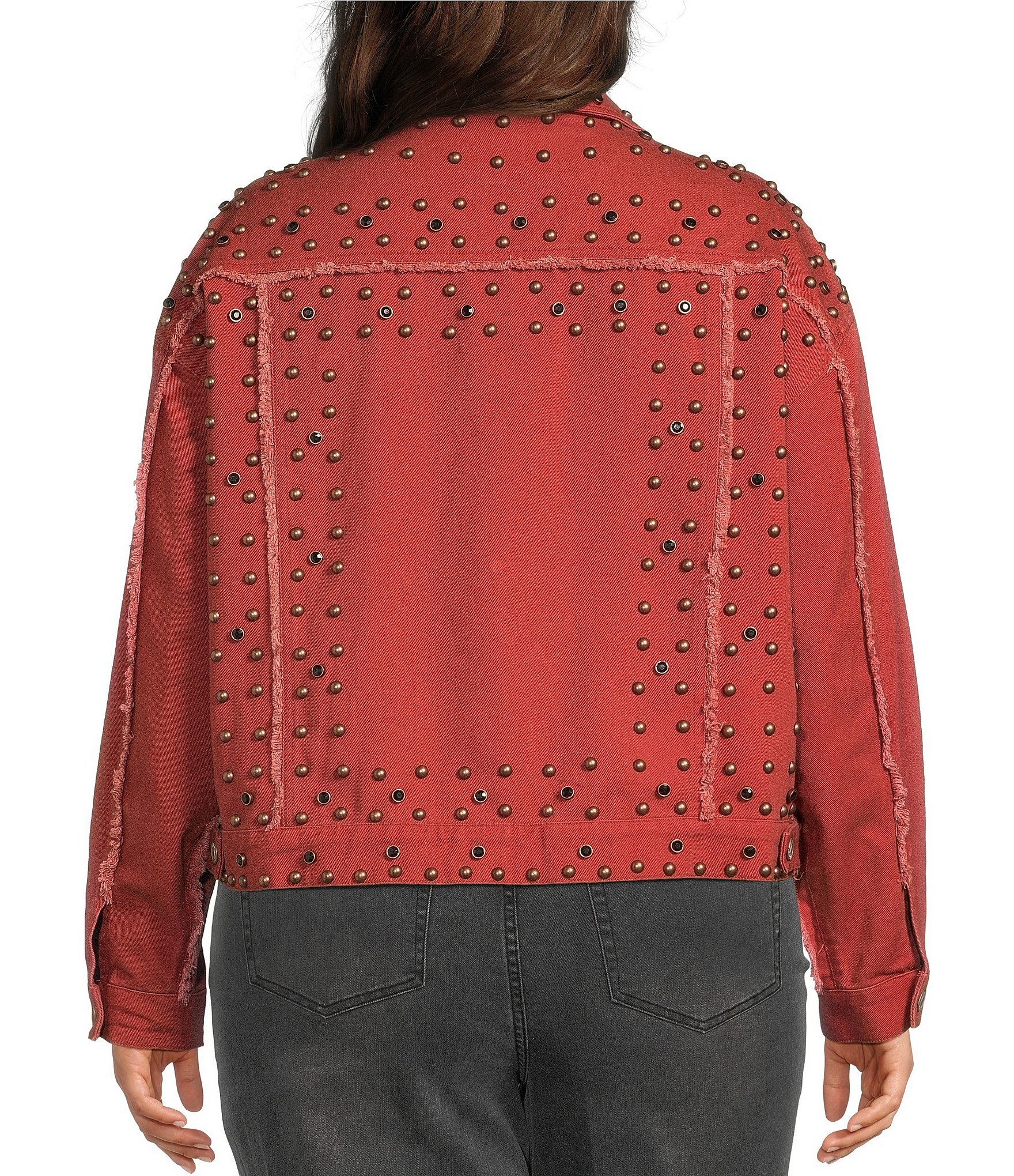 John Mark Plus Size Denim Stud Point Collar Long Sleeve Button Front Jacket