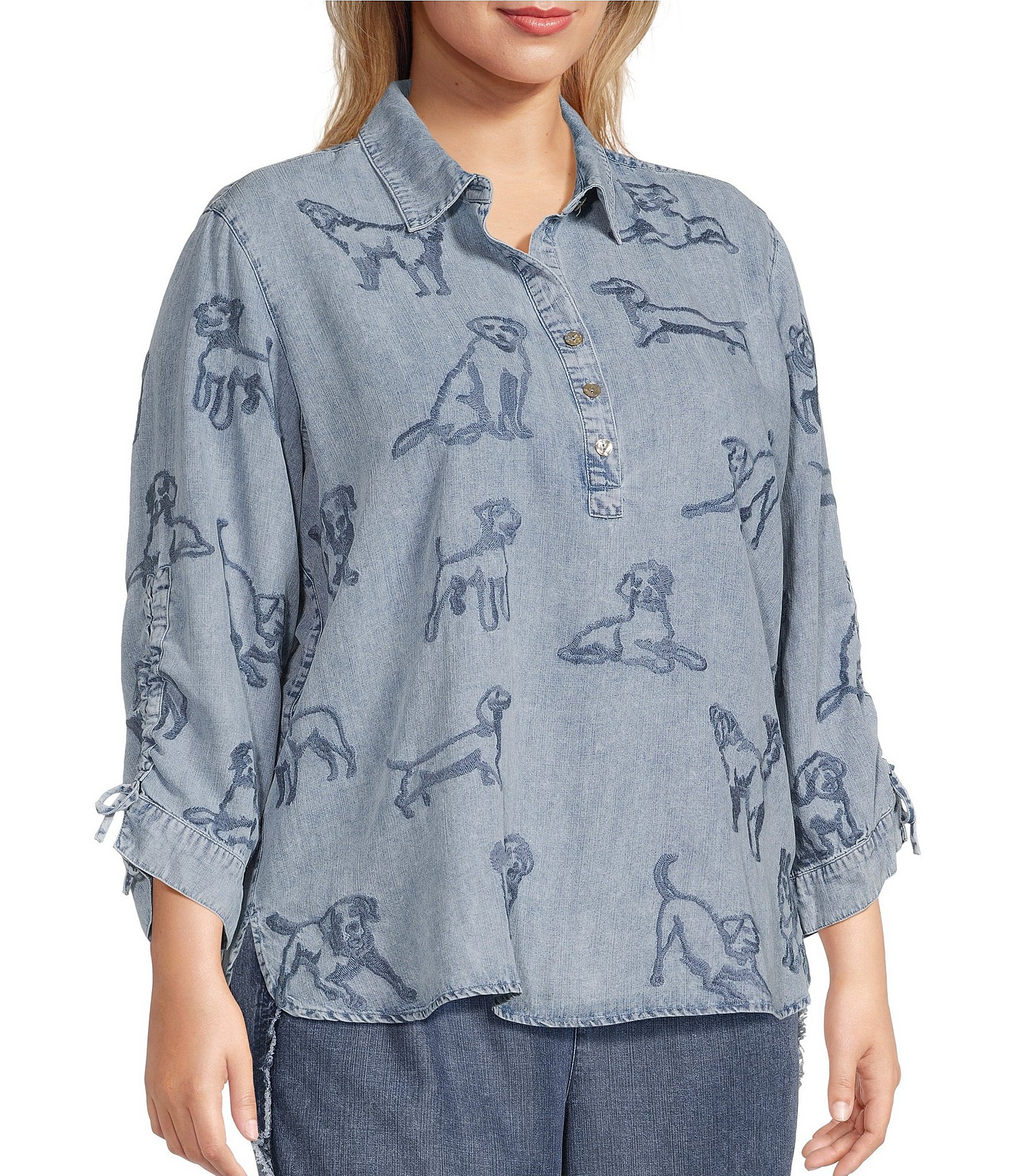 John Mark Plus Size Dog Embroidered Wire Collar 3/4 Cinched Sleeve Tunic