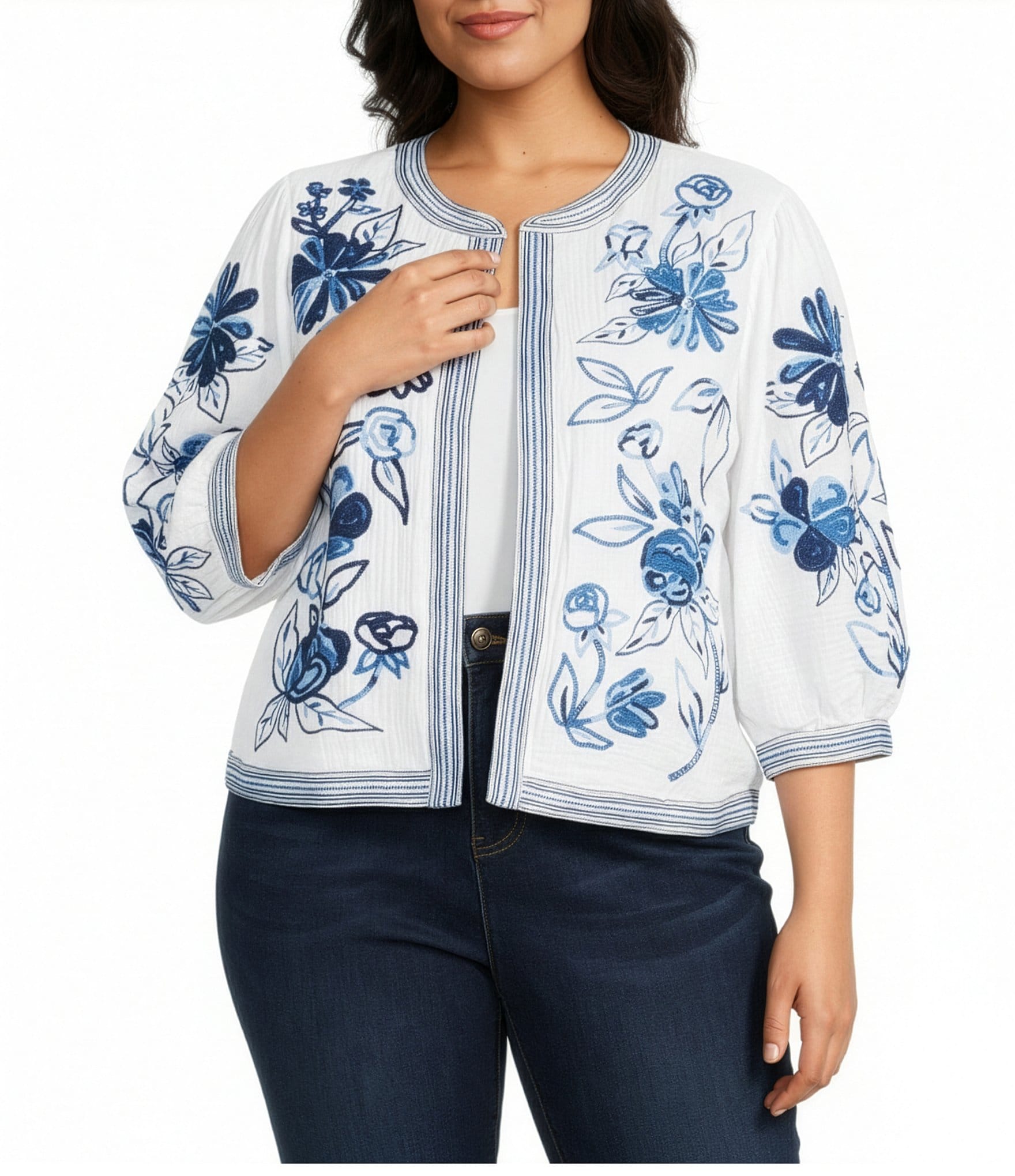 John Mark Plus Size Embroidered Band Collar 3/4 Sleeve Open-Front Reversible Jacket