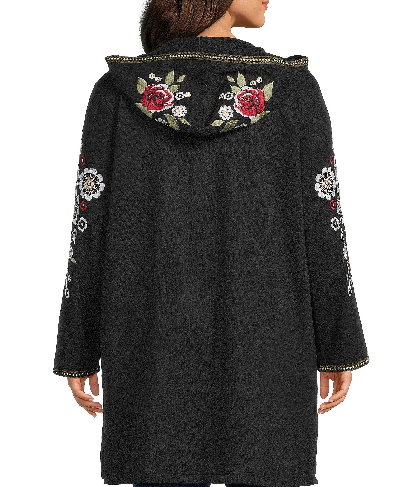 John Mark Plus Size Embroidered Beaded Long Sleeve Open-Front Hooded Cardigan